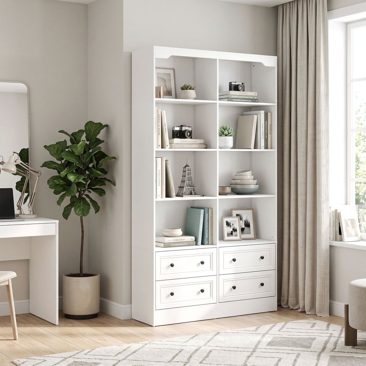 Bookshelf with 8 Cubbies and 4 Drawers, 5-Tier Double Wide Bookcase, Tall Bookcase with Storage, Standing Book Cabinet for Home Office, White