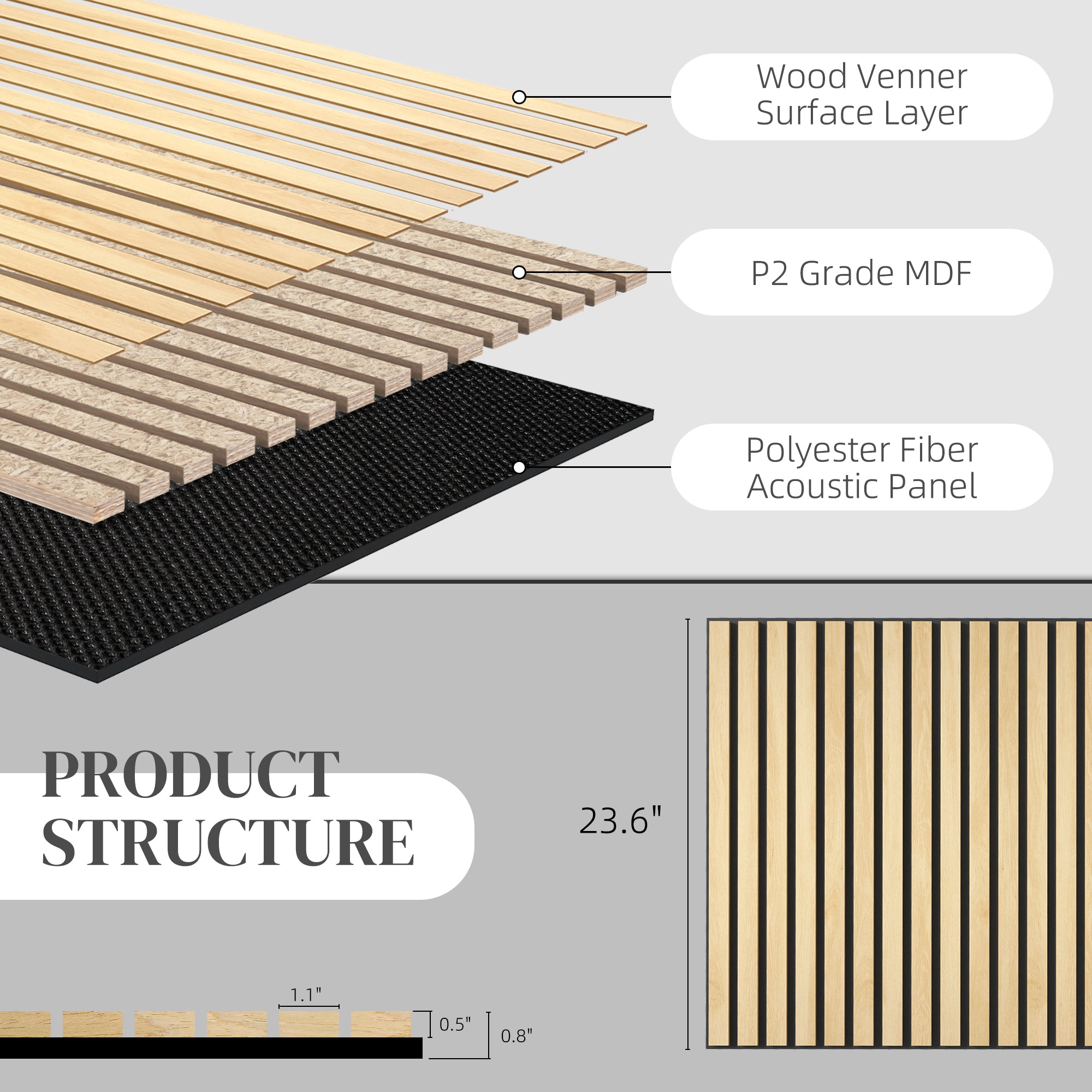 24" x 24" Wood Panels for Wall, 4 Pack Acoustic Panels, Sound Absorbing Slat Wall, Oak - HOMCOM
