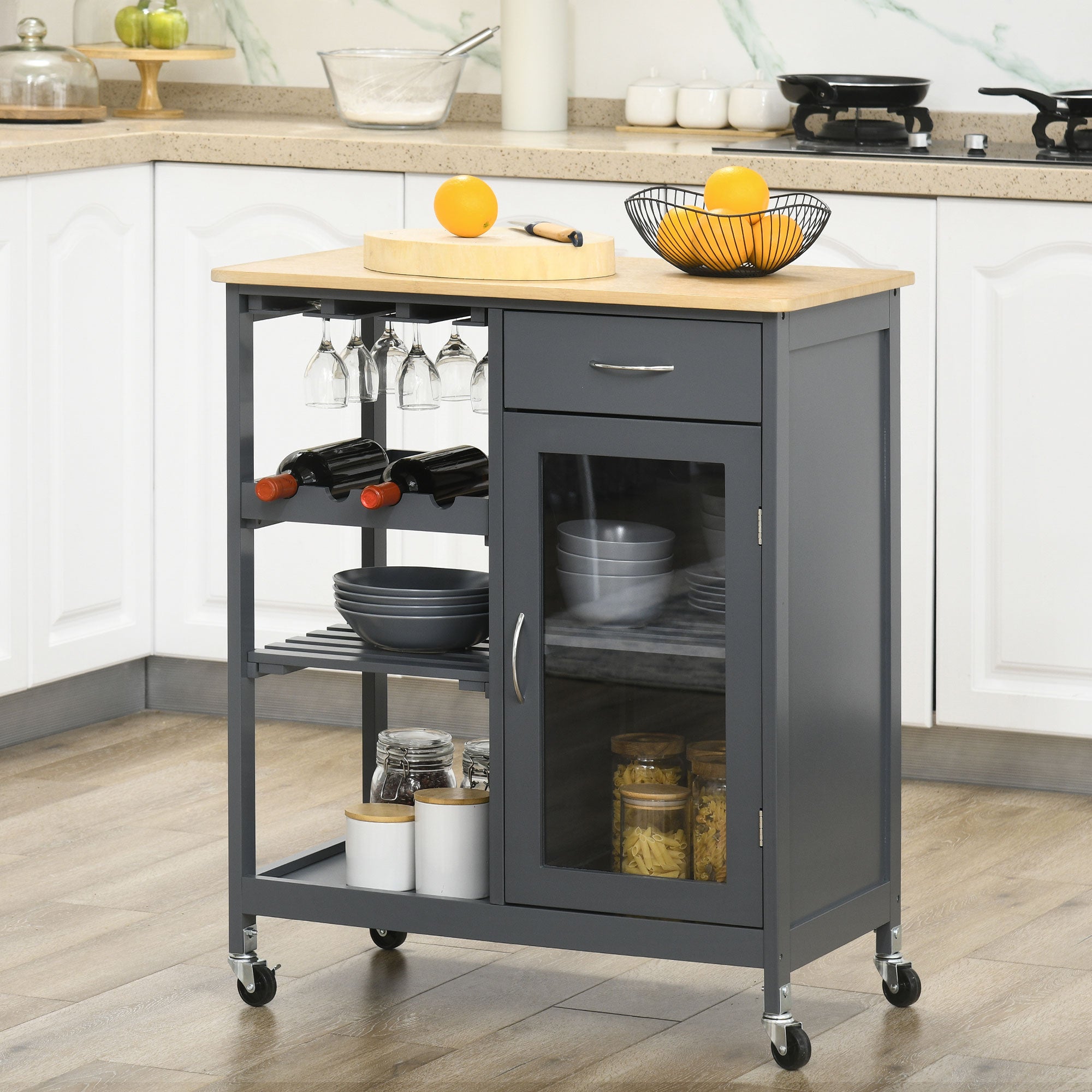 Rolling Kitchen Cart with 4-Bottle Wine Rack, Stemware Holder, Shelves & Drawer, Gray