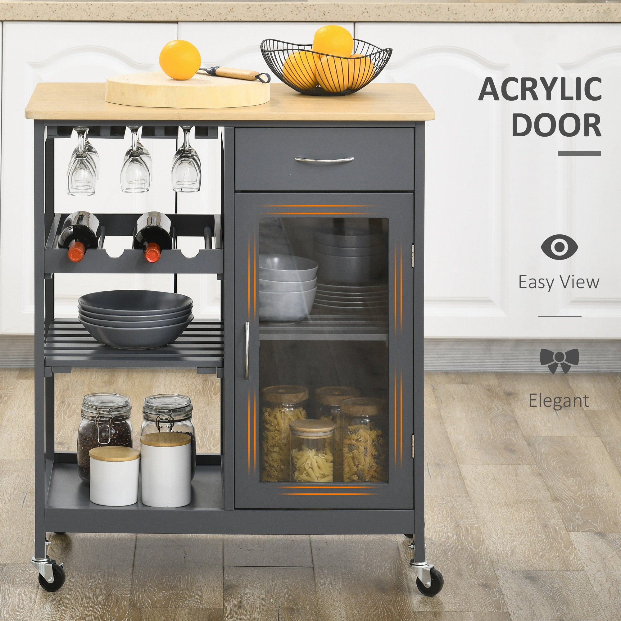 Rolling Kitchen Cart with 4-Bottle Wine Rack, Stemware Holder, Shelves & Drawer, Gray