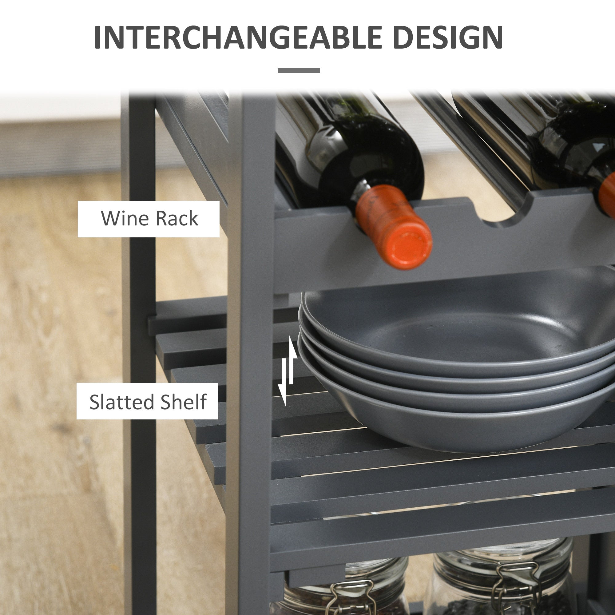 Rolling Kitchen Cart with 4-Bottle Wine Rack, Stemware Holder, Shelves & Drawer, Gray