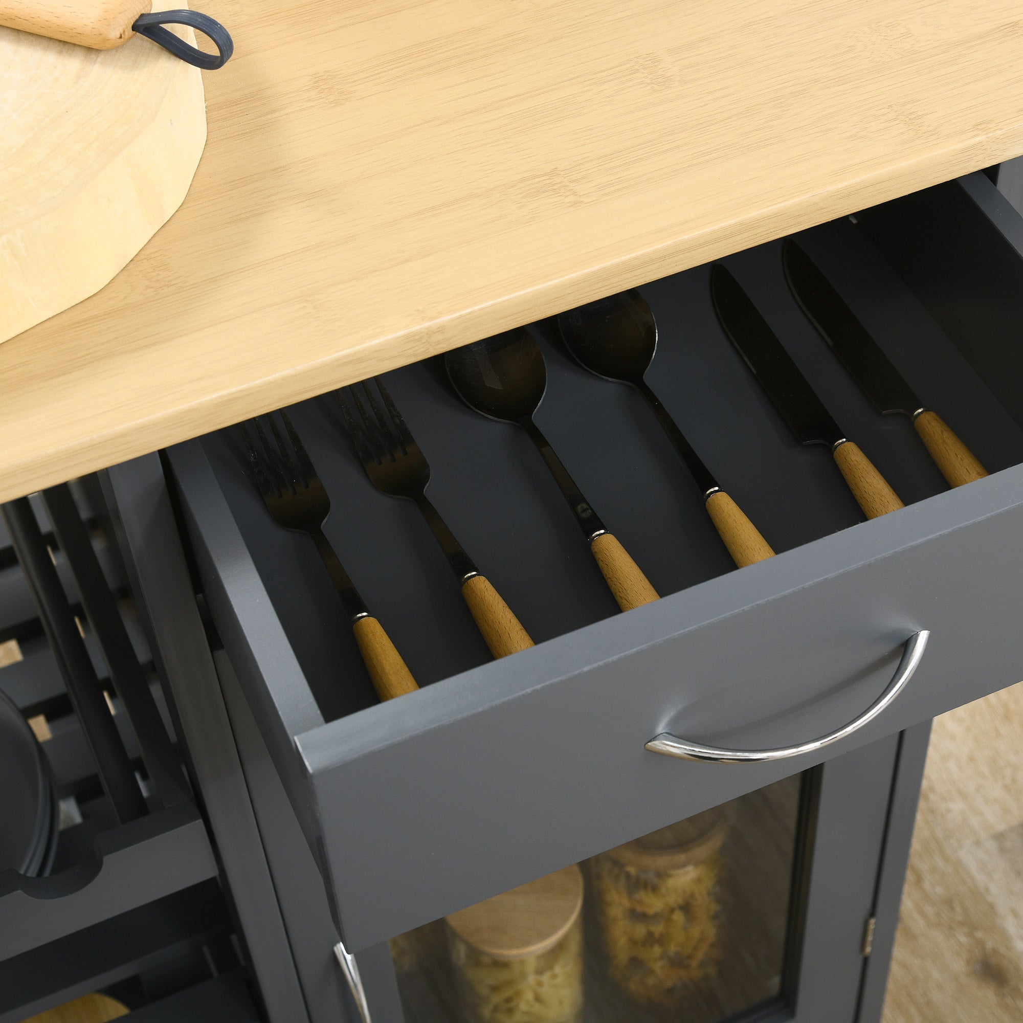 Rolling Kitchen Cart with 4-Bottle Wine Rack, Stemware Holder, Shelves & Drawer, Gray