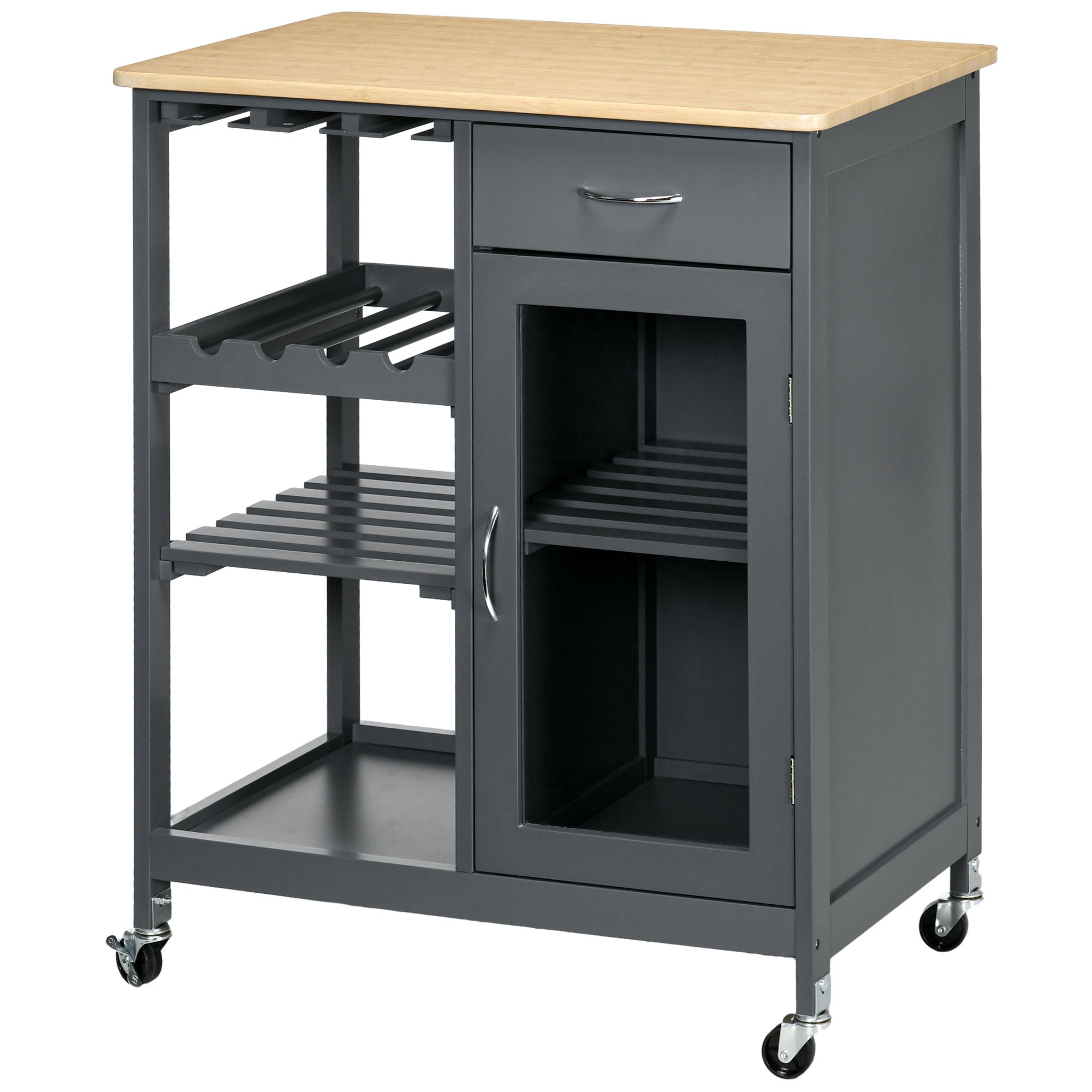 Rolling Kitchen Cart with 4-Bottle Wine Rack, Stemware Holder, Shelves & Drawer, Gray