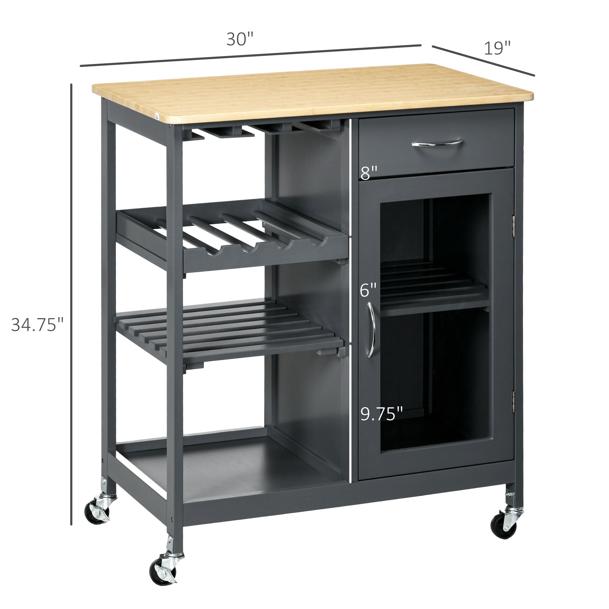 Rolling Kitchen Cart with 4-Bottle Wine Rack, Stemware Holder, Shelves & Drawer, Gray