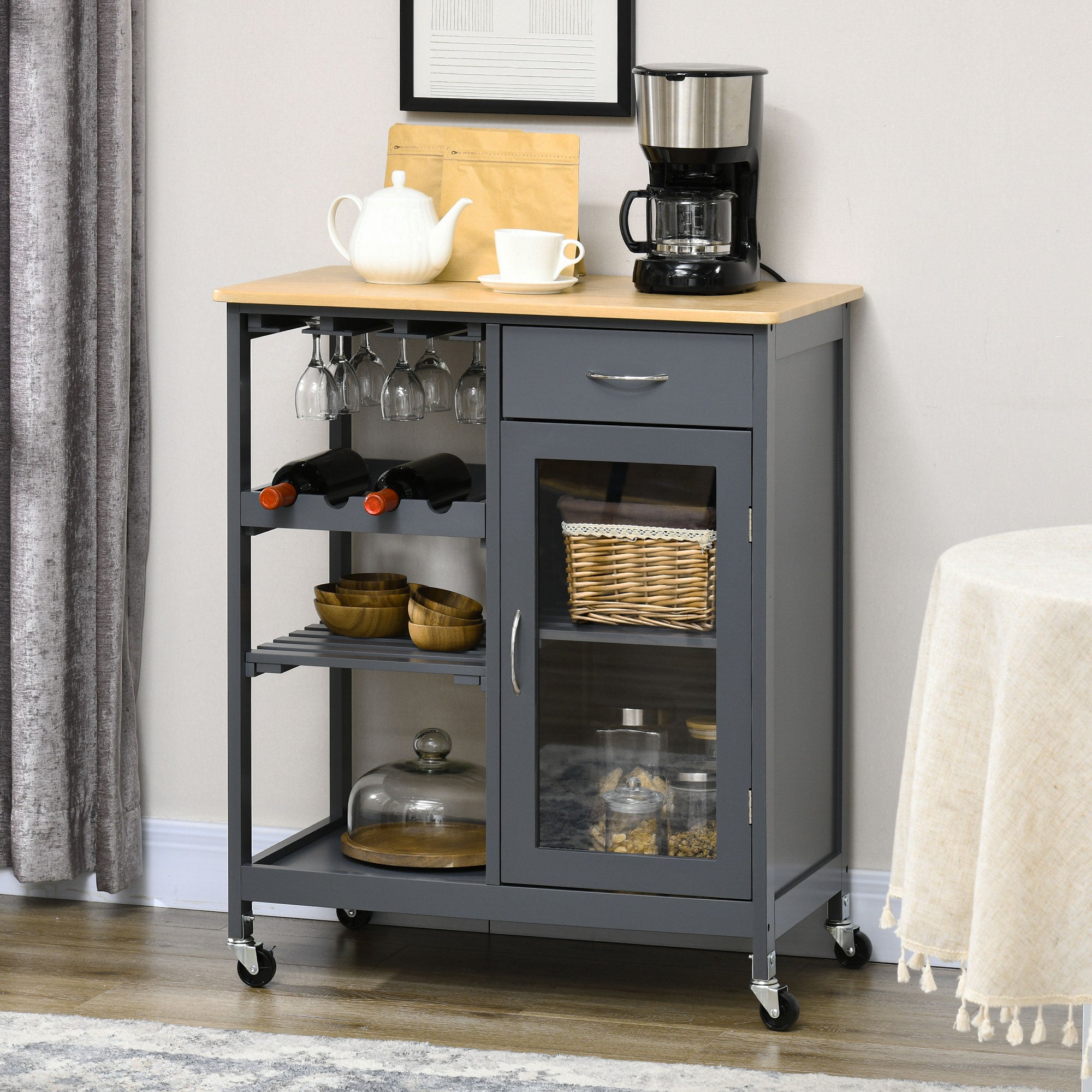 Rolling Kitchen Cart with 4-Bottle Wine Rack, Stemware Holder, Shelves & Drawer, Gray