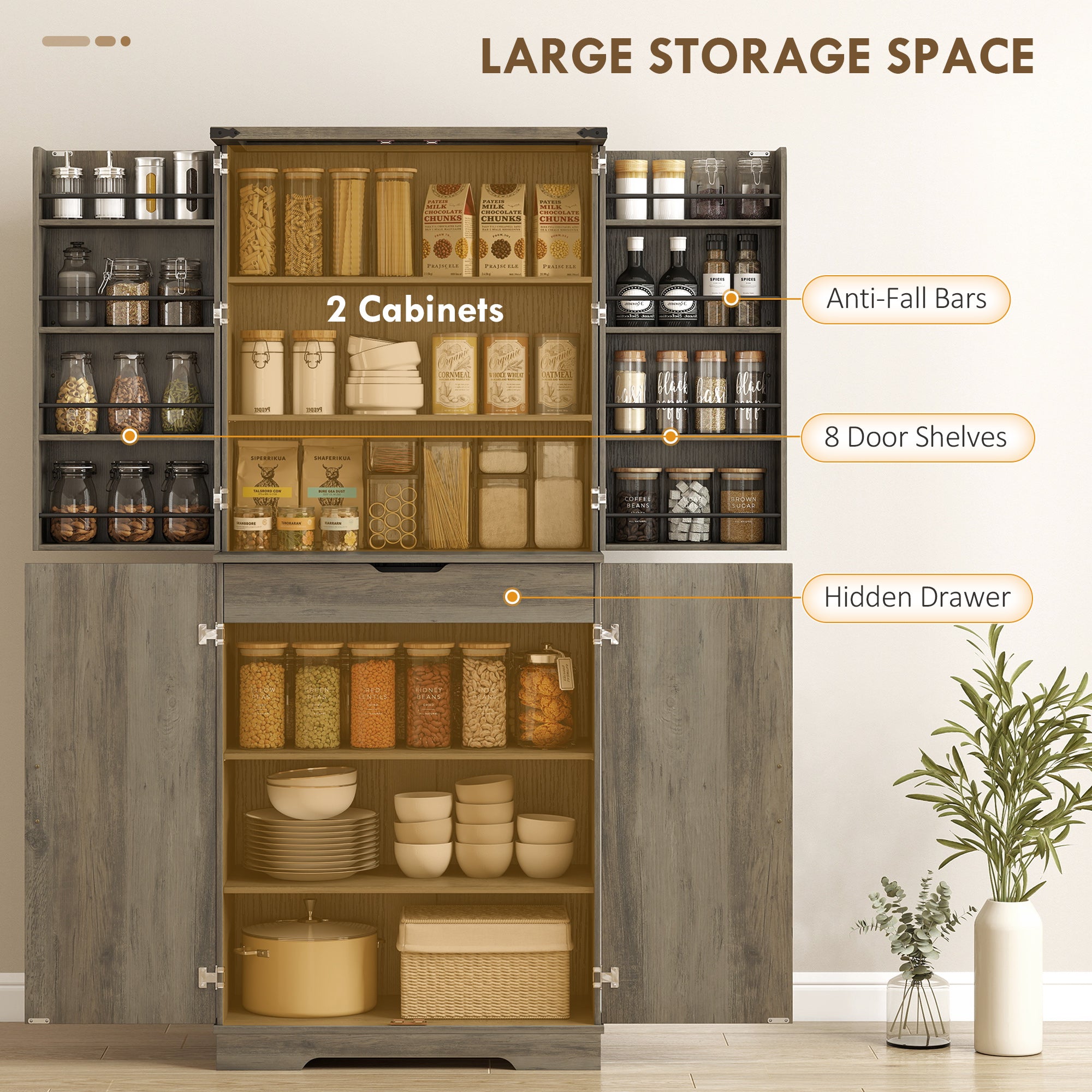 72" Kitchen Pantry Cabinet, Farmhouse Freestanding Tall Kitchen Storage Cabinet with 4 Barn Doors, Hidden Drawer, 8 Door Shelves and Adjustable Shelf, Light Ivory Grey