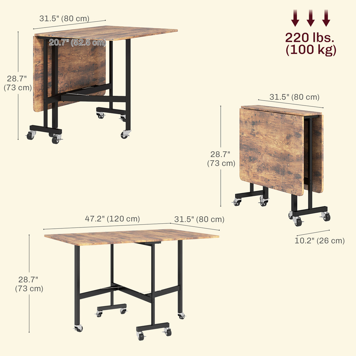 Mobile Drop Leaf Table, Folding Dining Table with 6 Wheels & Brakes, Rolling Kitchen Table for Small Spaces, 47.2", Rustic Brown