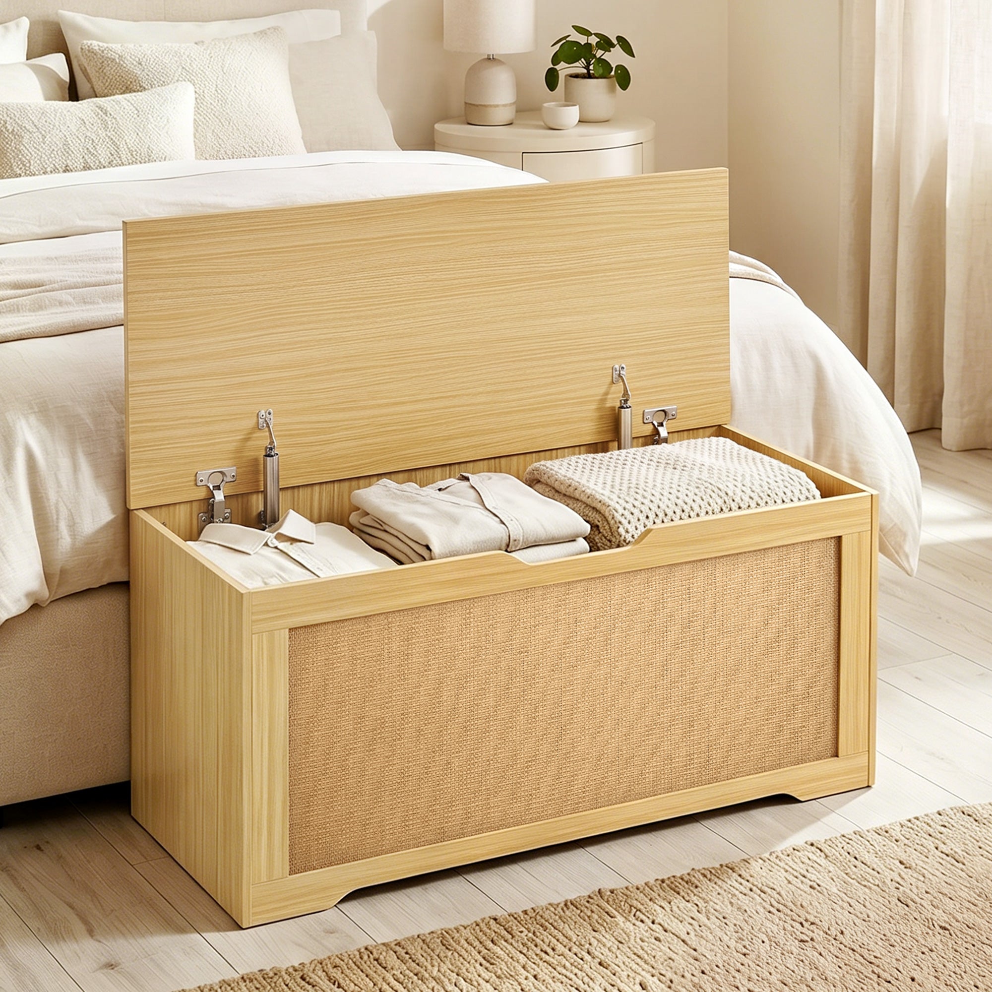 Rattan Storage Chest, Lift Top Storage Trunk with Safety Hinges and Handle-Free Design, Storage Bench for Living Room, Shoe Bench for Entryway, 39.4" x 15.7" x 17.7", Oak