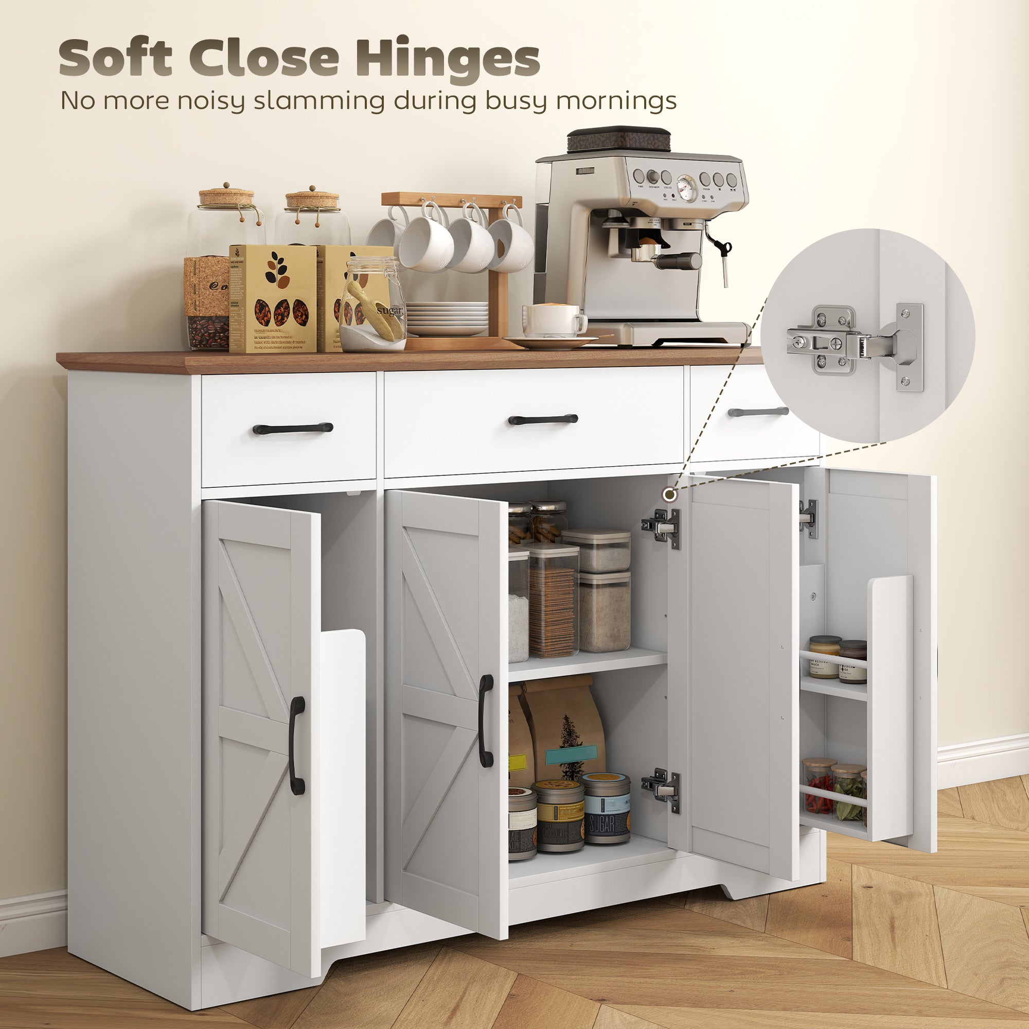 47" Sideboard Buffet Cabinet, Farmhouse Credenza with Soft-Close Hinges, Coffee Bar Cabinet with Spice Racks, 3 Drawers and 3 Adjustable Shelves, White