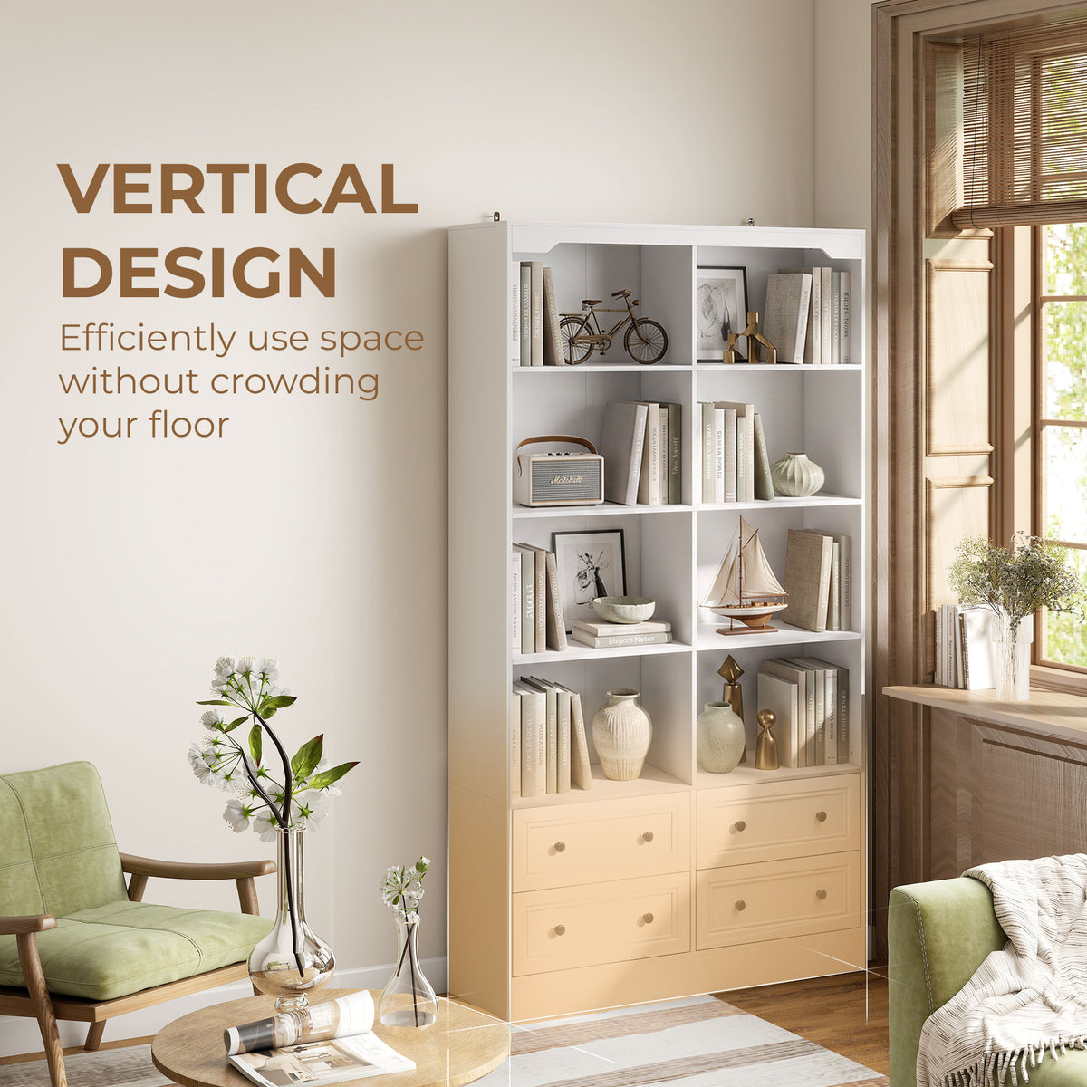 Bookshelf with 8 Cubbies and 4 Drawers, 5-Tier Double Wide Bookcase, Tall Bookcase with Storage, Standing Book Cabinet for Home Office, White