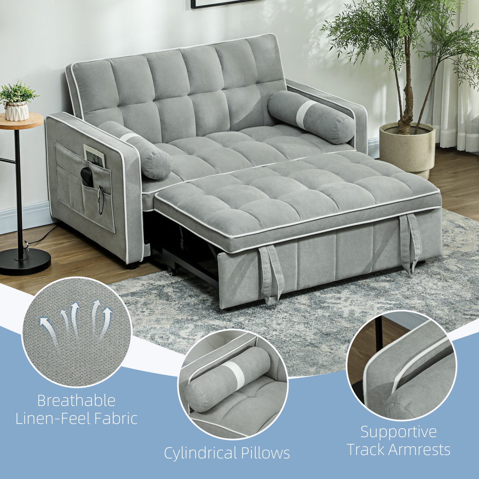 HOMCOM 3-In-1 Convertible 2 Seater Sofa Bed, Click Clack Pull Out Sofa Bed with Adjustable Backrest and Pillows, Modern Tufted Bed Settee for Living Room, Bedroom, Guest Room, Light Grey