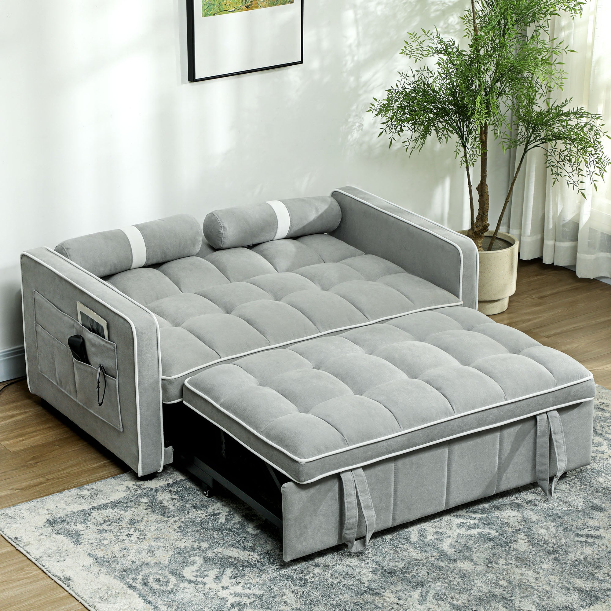 HOMCOM 3-In-1 Convertible 2 Seater Sofa Bed, Click Clack Pull Out Sofa Bed with Adjustable Backrest and Pillows, Modern Tufted Bed Settee for Living Room, Bedroom, Guest Room, Light Grey