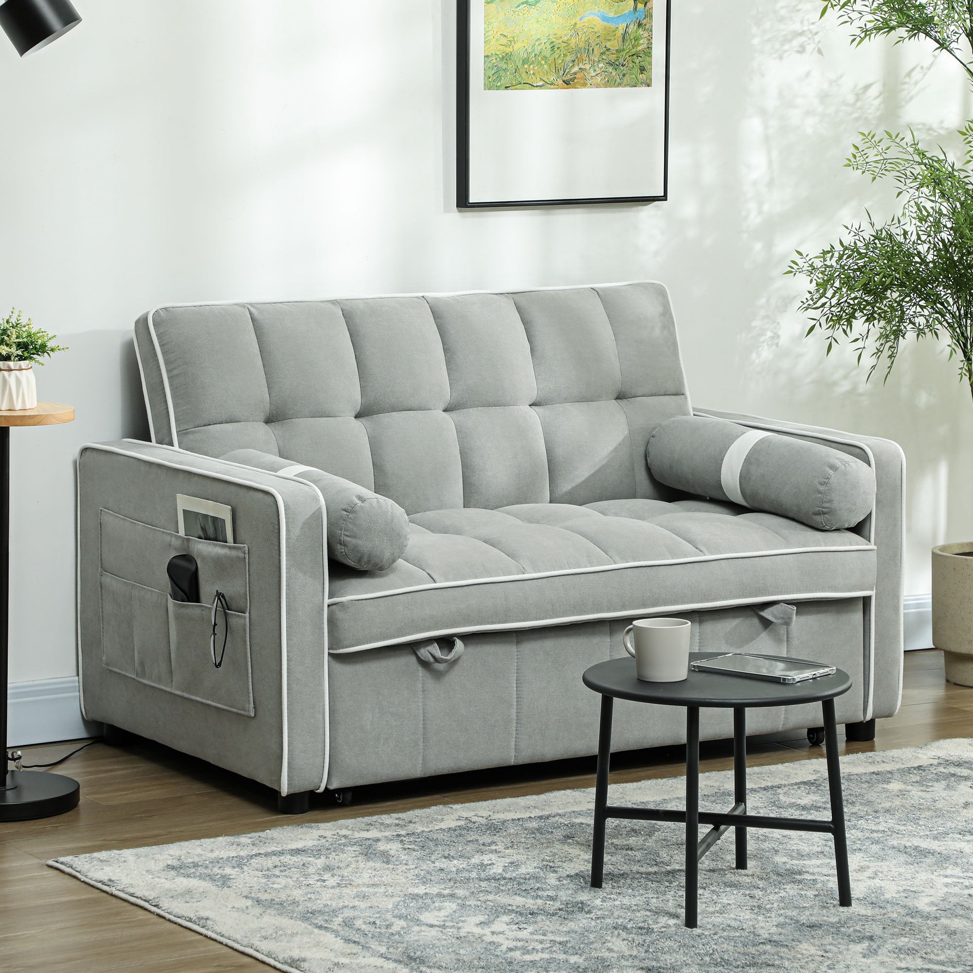 HOMCOM 3-In-1 Convertible 2 Seater Sofa Bed, Click Clack Pull Out Sofa Bed with Adjustable Backrest and Pillows, Modern Tufted Bed Settee for Living Room, Bedroom, Guest Room, Light Grey