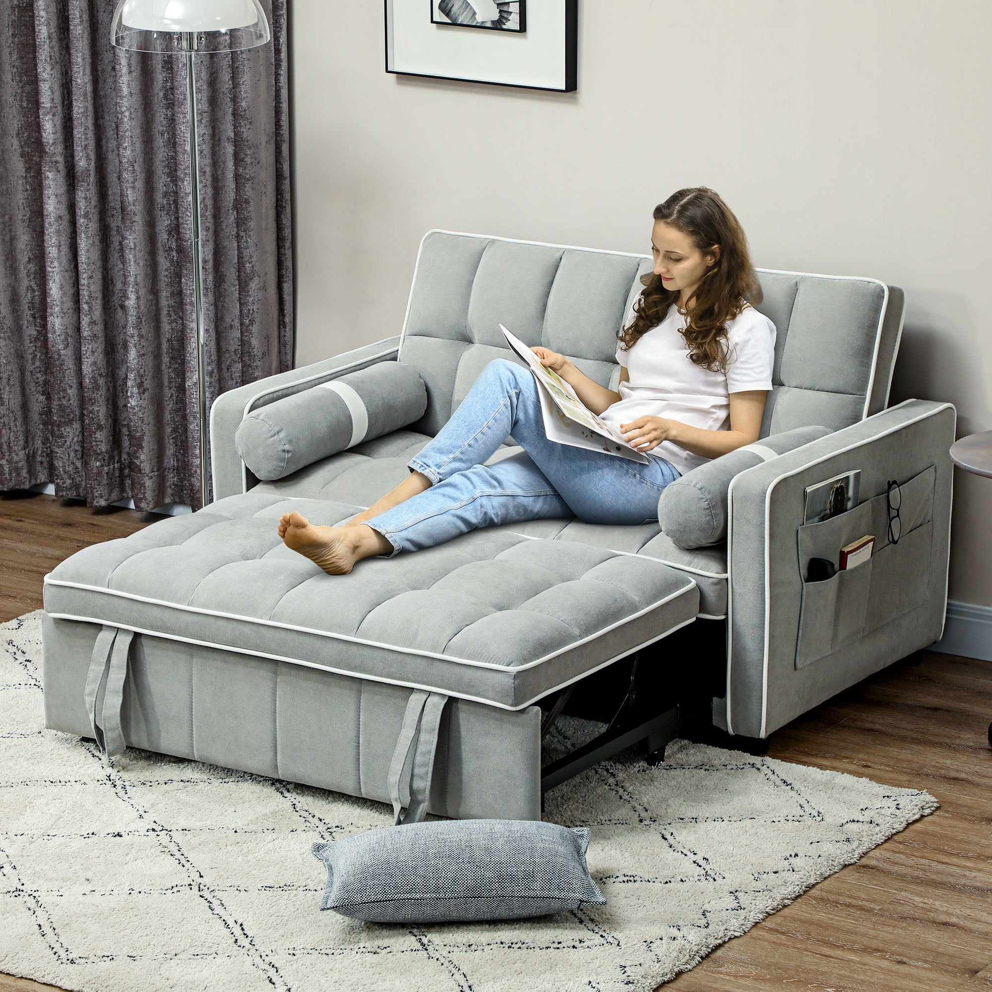 HOMCOM 3-In-1 Convertible 2 Seater Sofa Bed, Click Clack Pull Out Sofa Bed with Adjustable Backrest and Pillows, Modern Tufted Bed Settee for Living Room, Bedroom, Guest Room, Light Grey