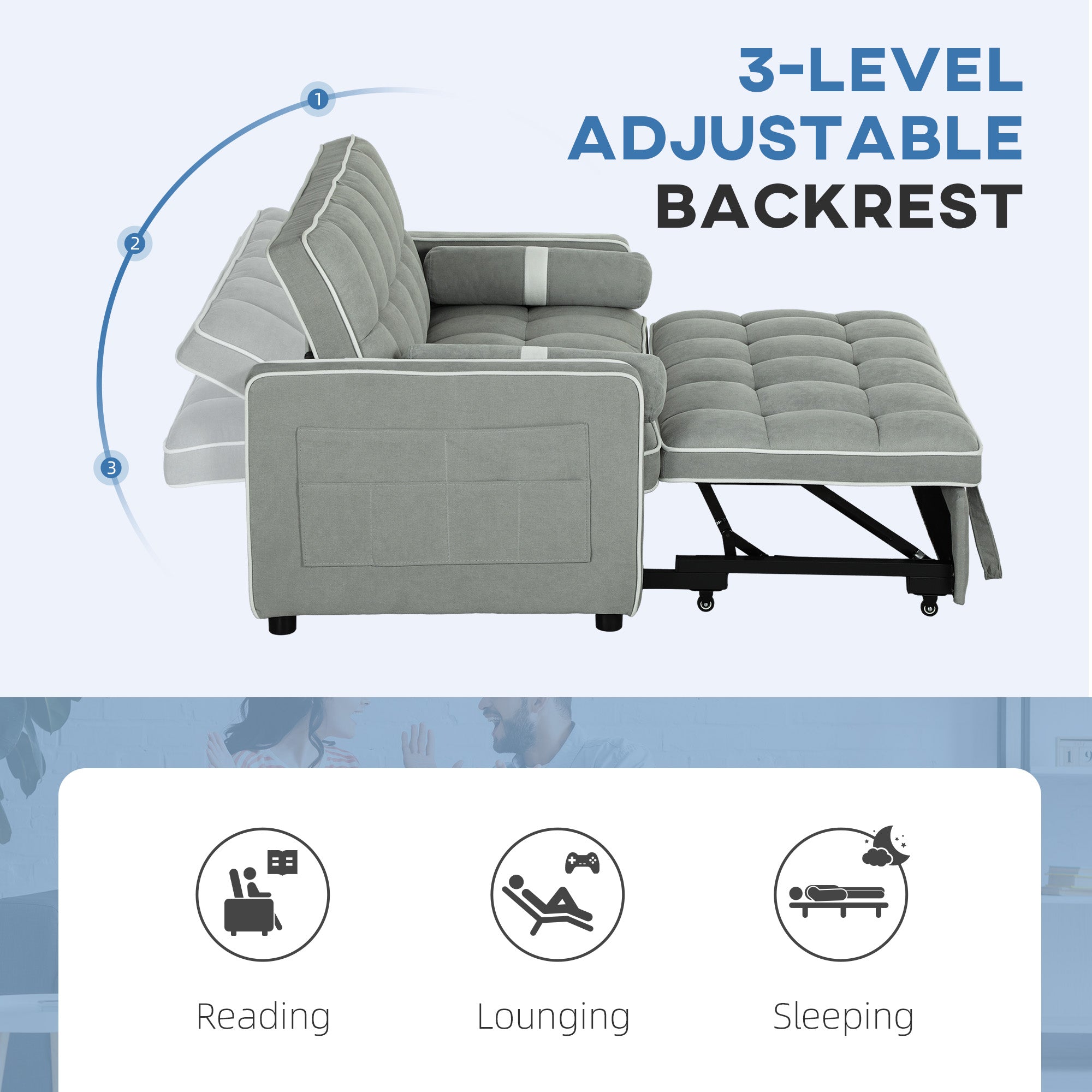 HOMCOM 3-In-1 Convertible 2 Seater Sofa Bed, Click Clack Pull Out Sofa Bed with Adjustable Backrest and Pillows, Modern Tufted Bed Settee for Living Room, Bedroom, Guest Room, Light Grey