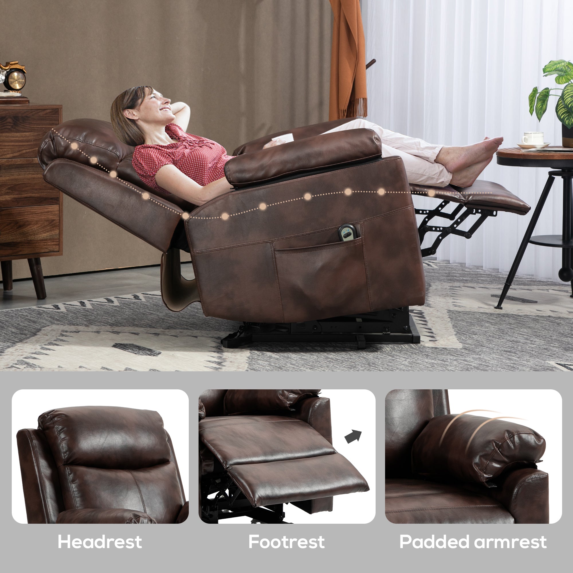 HOMCOM Power Lift Recliner Chair, Electric Lift Chair for Elderly, Overstuffed Faux Leather Riser and Reclining Armchair with Remote Control, Side Pockets, for Living Room, Dark Brown