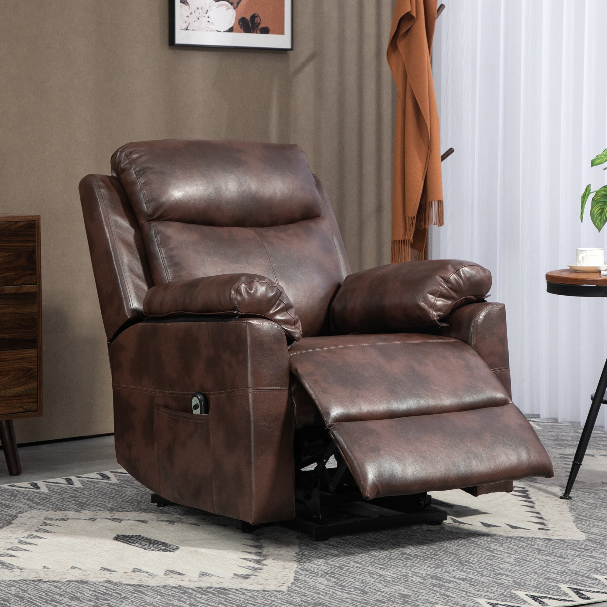 HOMCOM Power Lift Recliner Chair, Electric Lift Chair for Elderly, Overstuffed Faux Leather Riser and Reclining Armchair with Remote Control, Side Pockets, for Living Room, Dark Brown