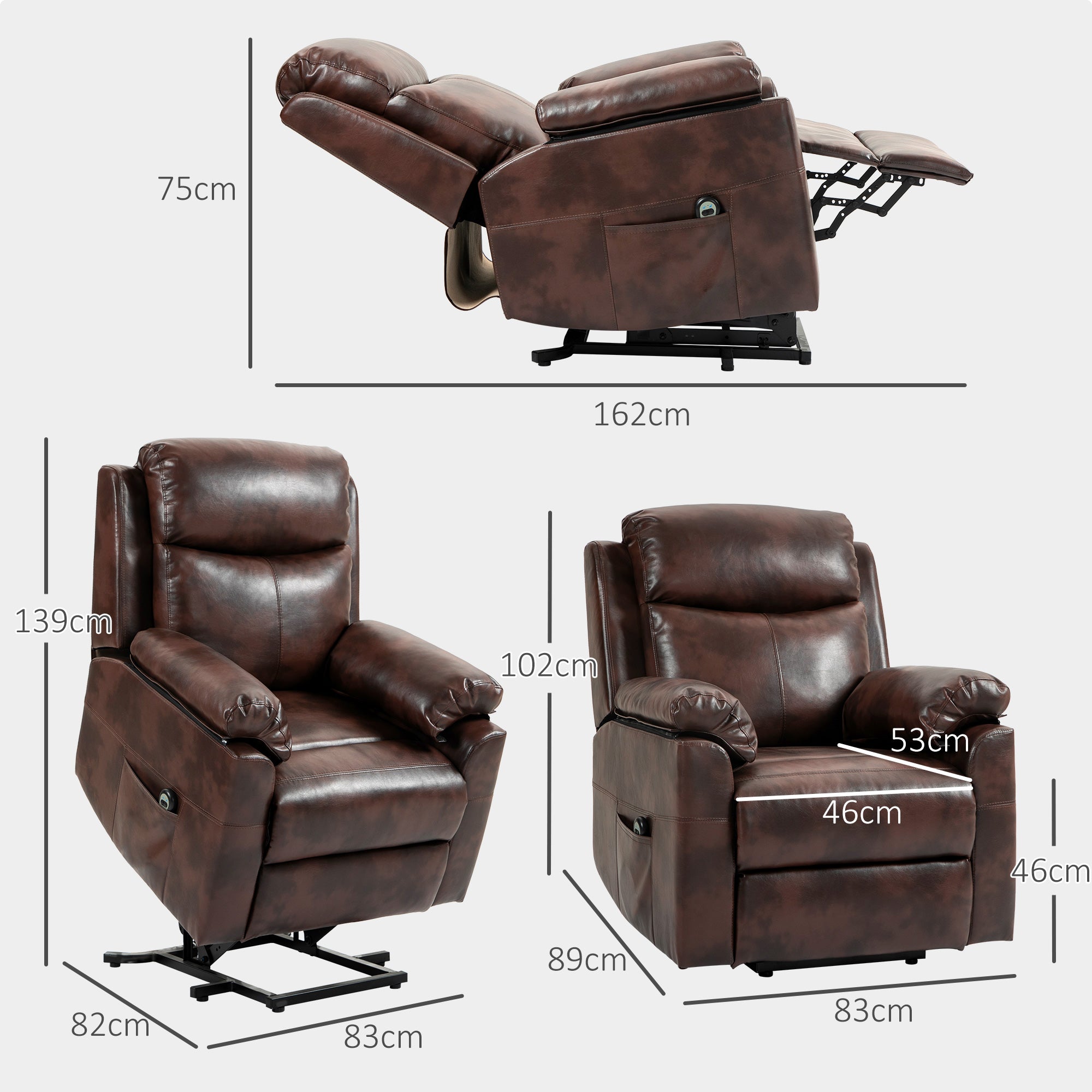 HOMCOM Power Lift Recliner Chair, Electric Lift Chair for Elderly, Overstuffed Faux Leather Riser and Reclining Armchair with Remote Control, Side Pockets, for Living Room, Dark Brown