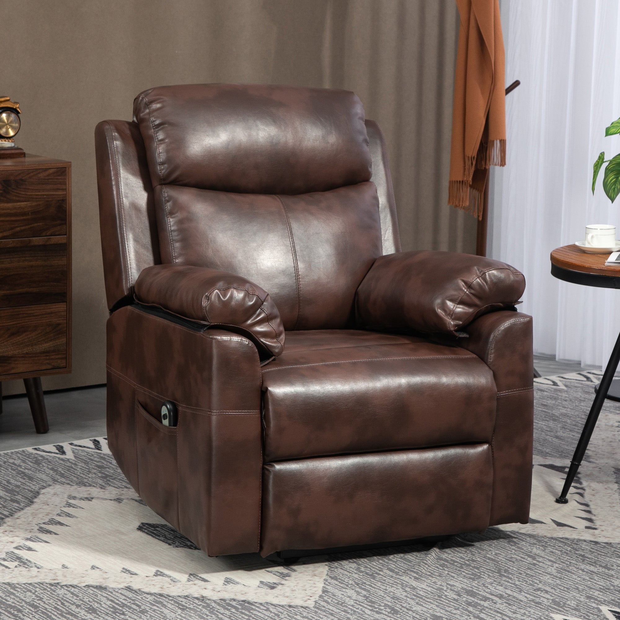 HOMCOM Power Lift Recliner Chair, Electric Lift Chair for Elderly, Overstuffed Faux Leather Riser and Reclining Armchair with Remote Control, Side Pockets, for Living Room, Dark Brown