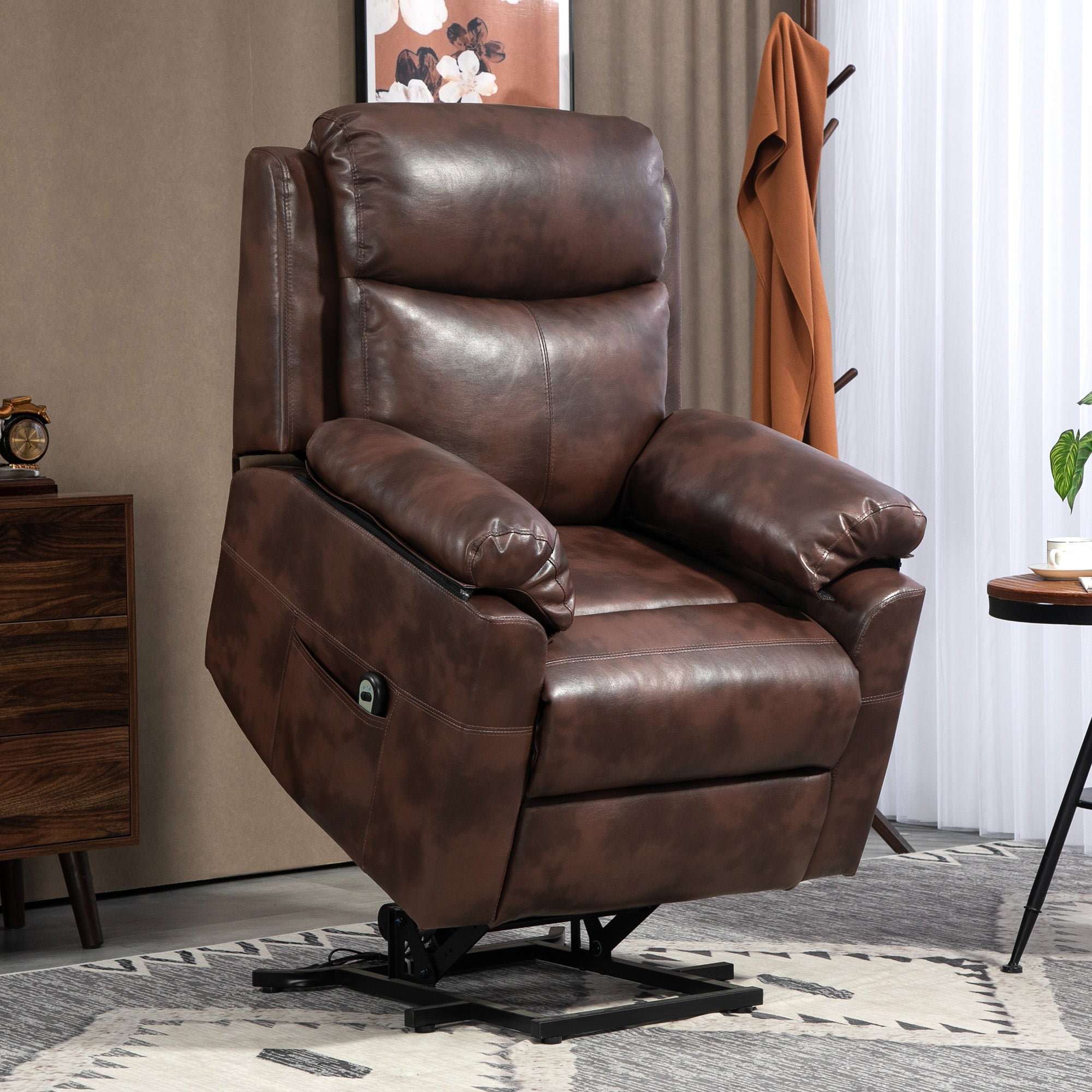 HOMCOM Power Lift Recliner Chair, Electric Lift Chair for Elderly, Overstuffed Faux Leather Riser and Reclining Armchair with Remote Control, Side Pockets, for Living Room, Dark Brown