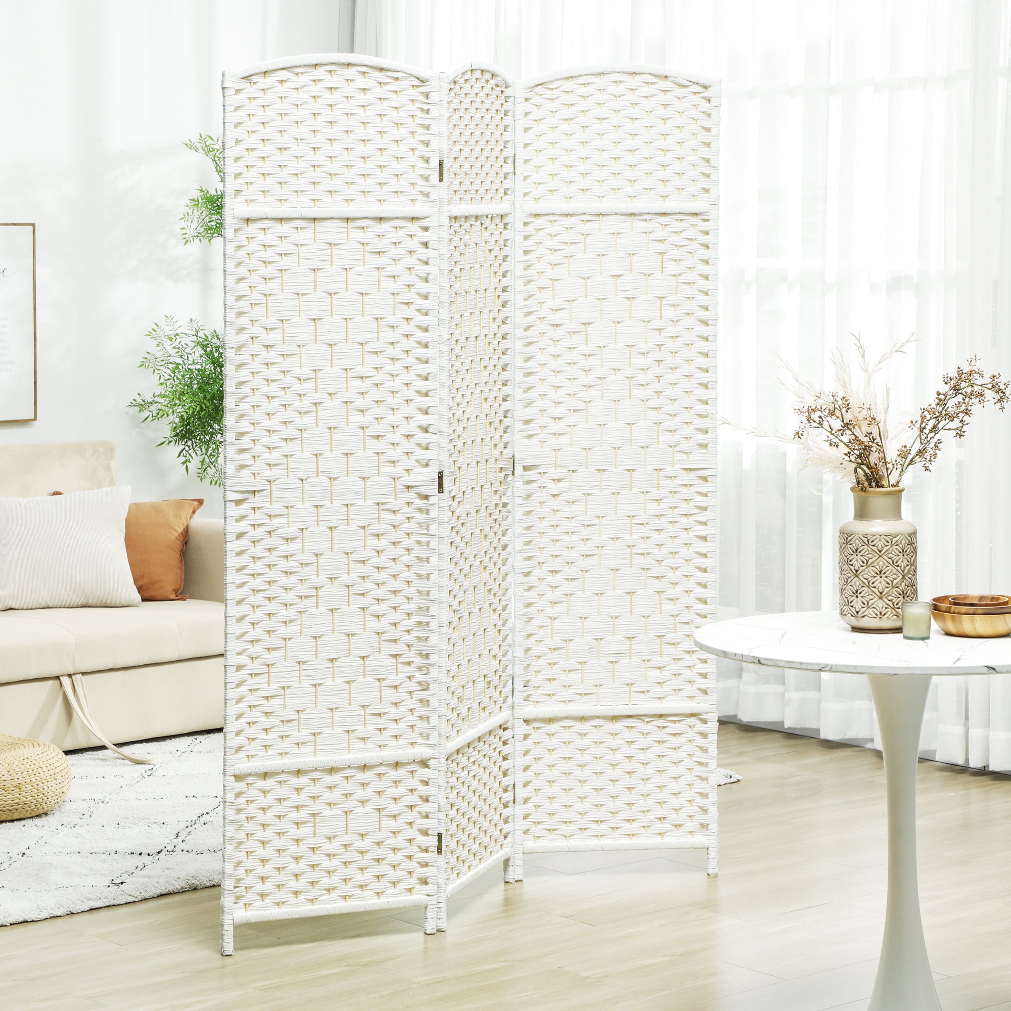 3 Panel 6' Tall Privacy Screen Freestanding Wood Partition, White