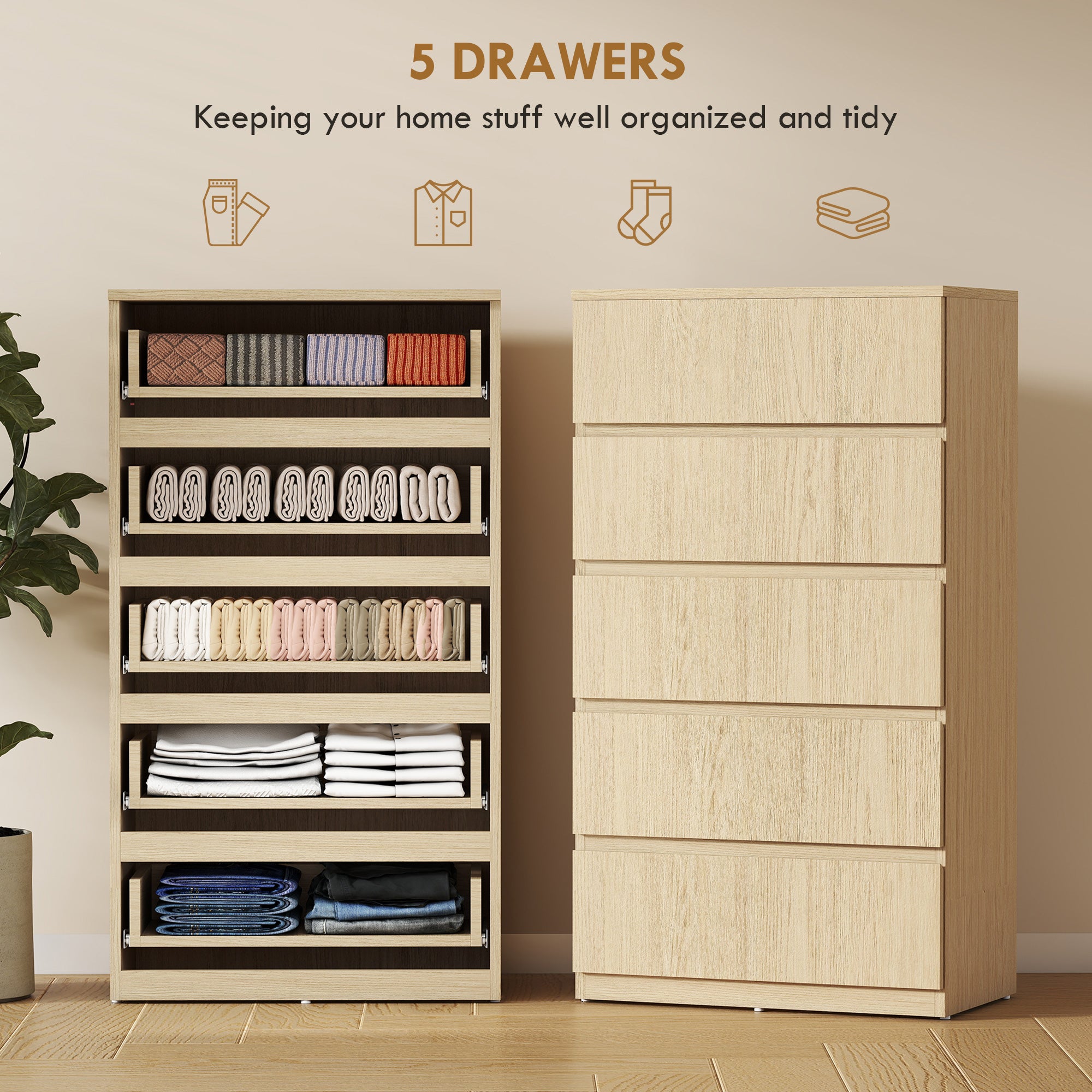 Chest of Drawers, 5 Drawers Storage Cabinet Floor Tower Cupboard for Bedroom Living Room, Natural Wood