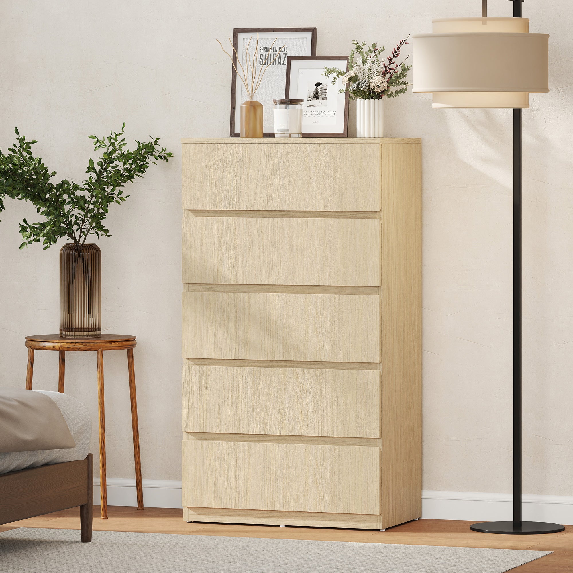 Chest of Drawers, 5 Drawers Storage Cabinet Floor Tower Cupboard for Bedroom Living Room, Natural Wood