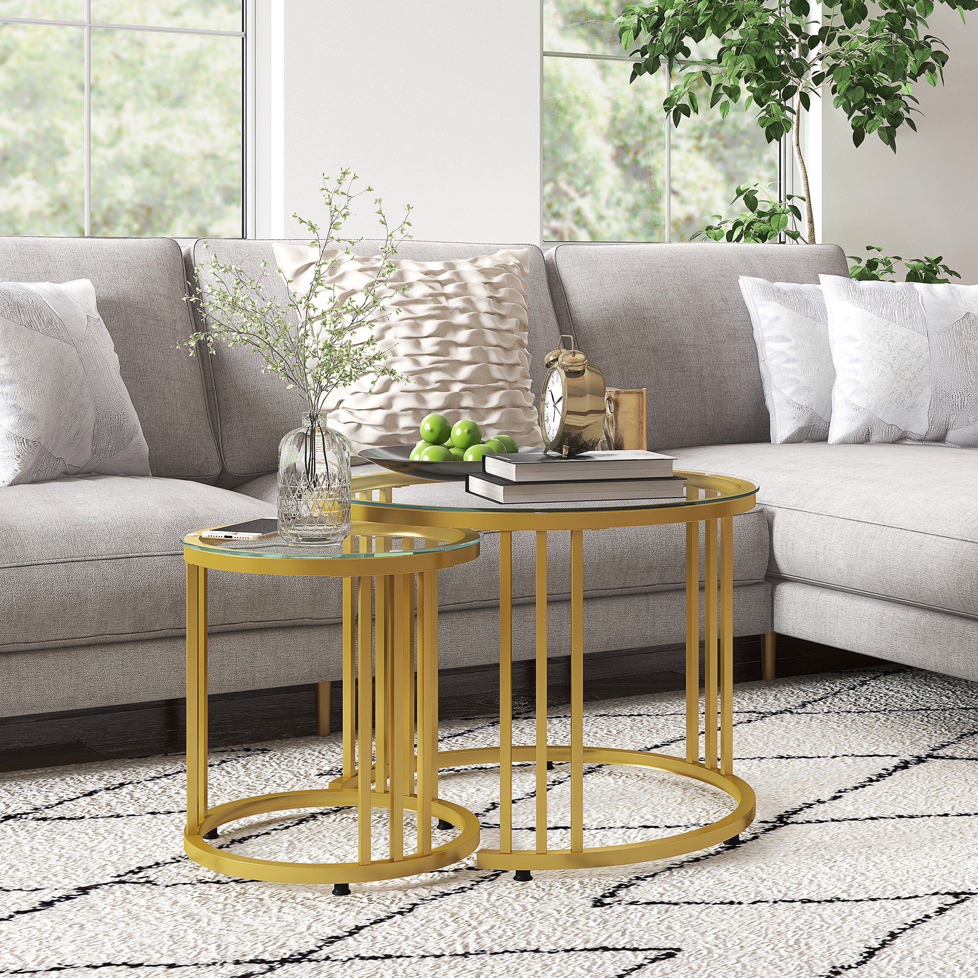 HOMCOM Nest of Tables, Round Coffee Tables Set of 2 with Tempered Glass Top and Steel Frame for Living Room, Gold Tone