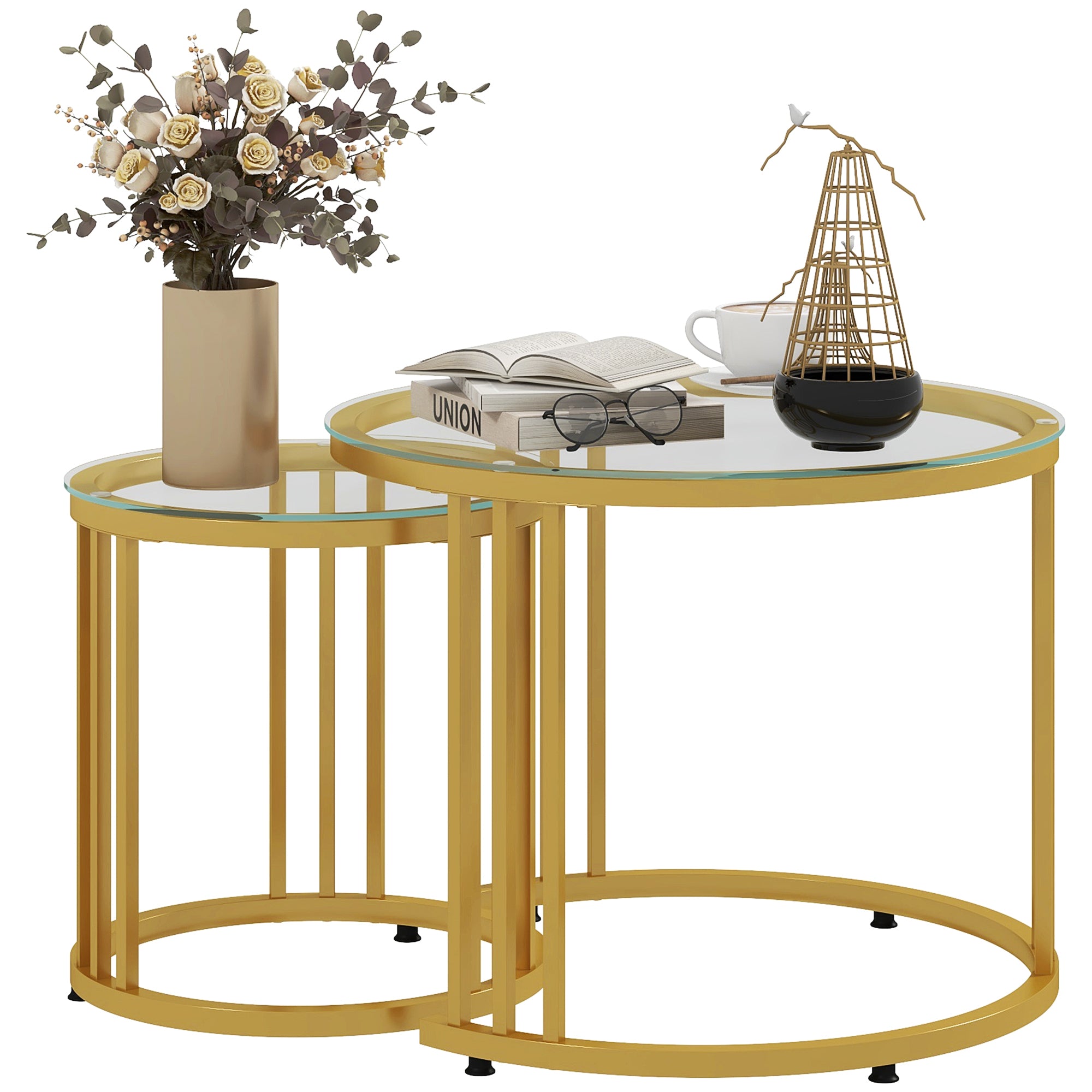 HOMCOM Nest of Tables, Round Coffee Tables Set of 2 with Tempered Glass Top and Steel Frame for Living Room, Gold Tone