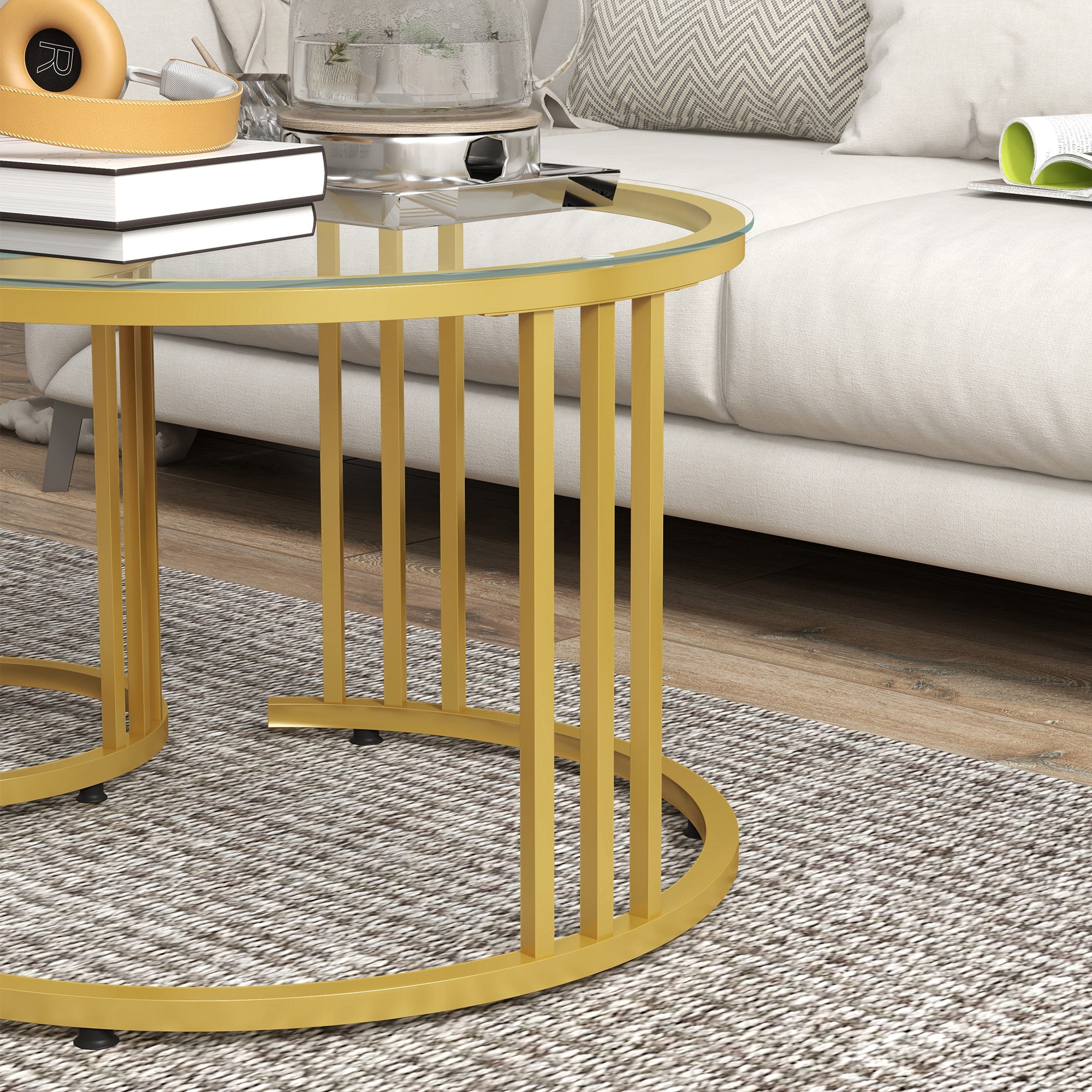 HOMCOM Nest of Tables, Round Coffee Tables Set of 2 with Tempered Glass Top and Steel Frame for Living Room, Gold Tone