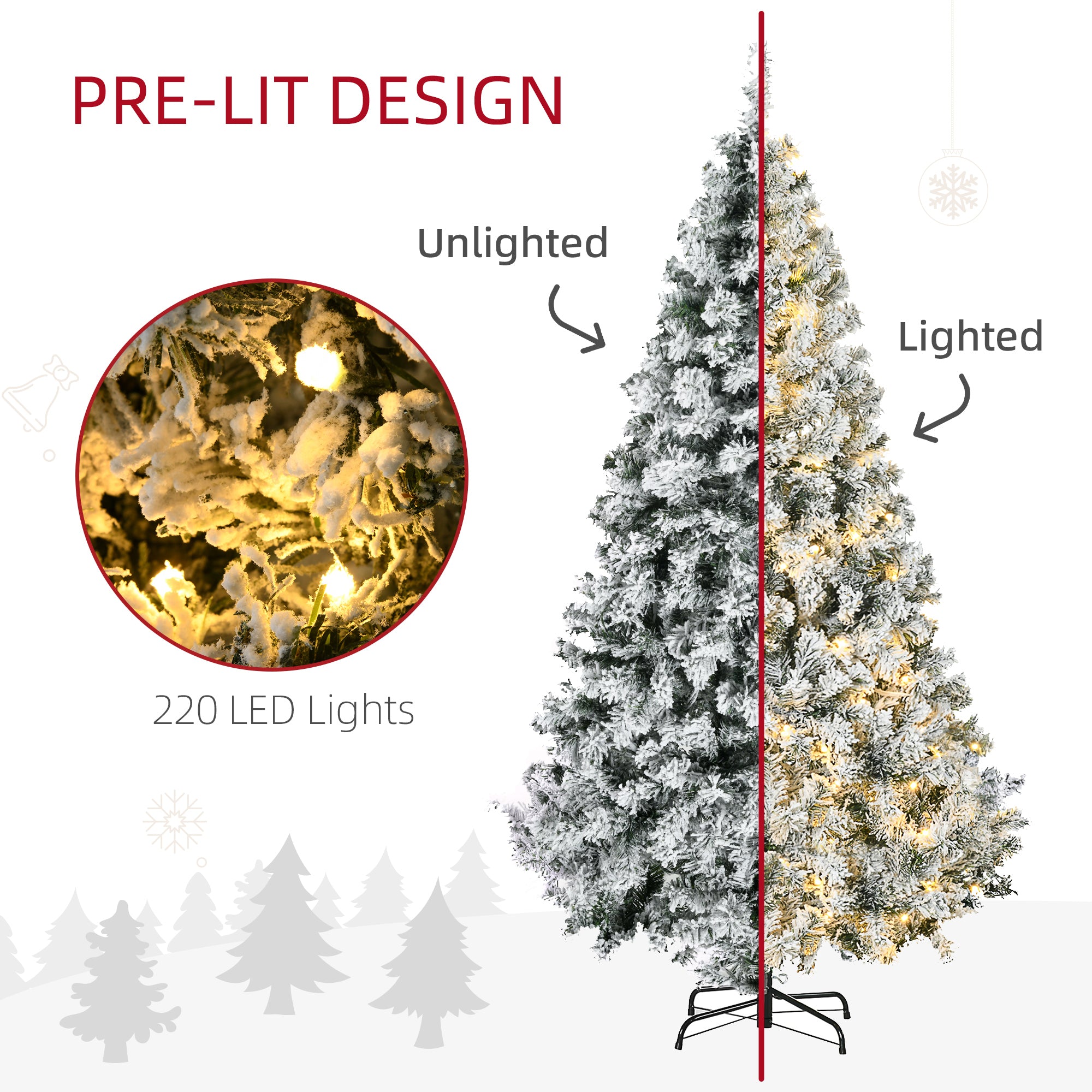 HOMCOM 6ft Prelit Snow Flocked Artificial Christmas Tree, Realistic Xmas Tree with 220 Warm White LED Light and 638 Tips, Metal Base, Auto Open, Green