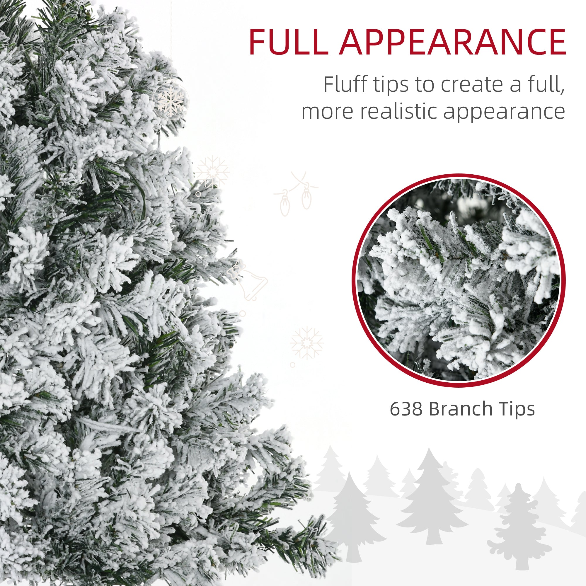 HOMCOM 6ft Prelit Snow Flocked Artificial Christmas Tree, Realistic Xmas Tree with 220 Warm White LED Light and 638 Tips, Metal Base, Auto Open, Green