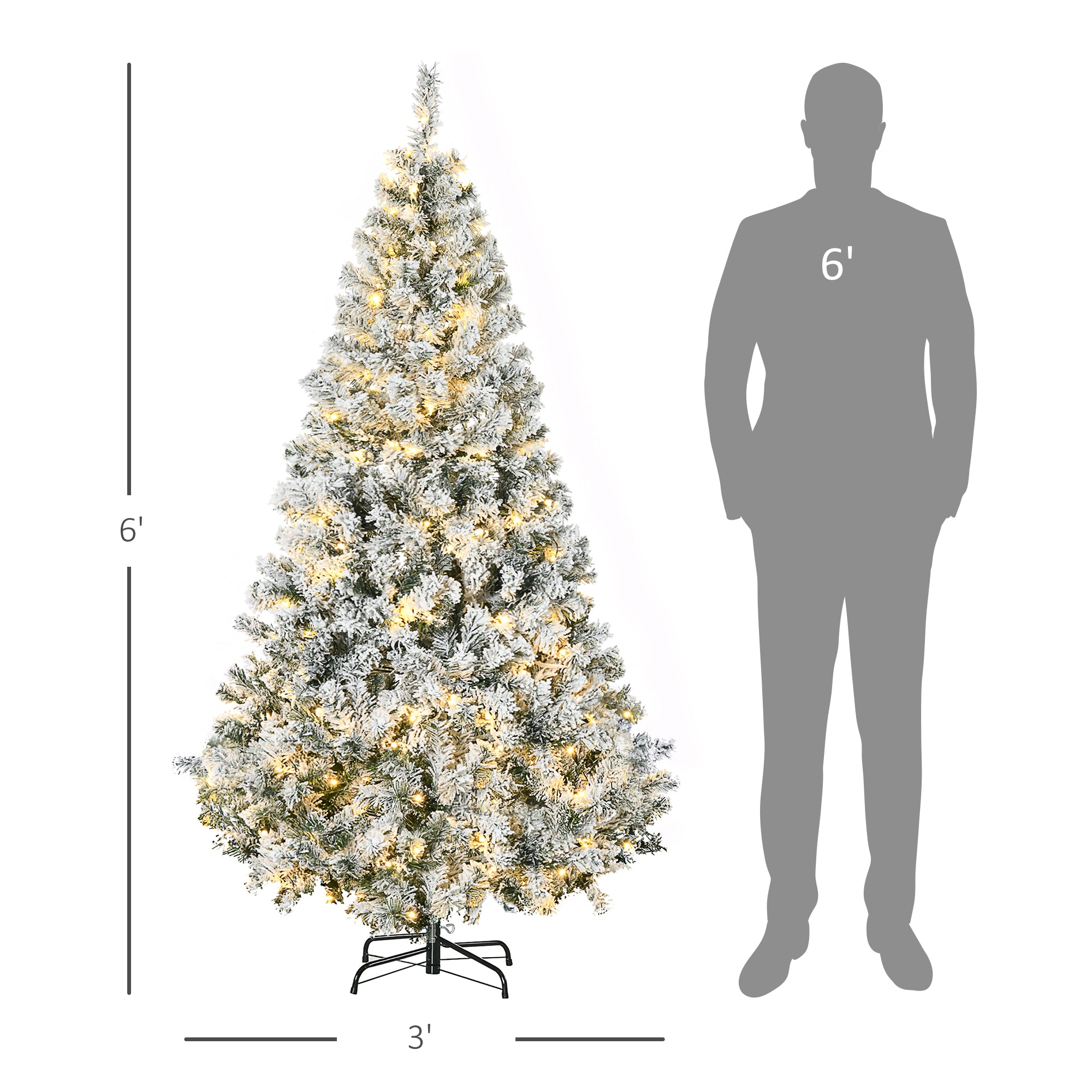 6ft Tall Prelit Artificial Christmas Tree Holiday Décor with 638 Snow Flocked Branches, 220 Warm White LED Lights, Auto Open, Green