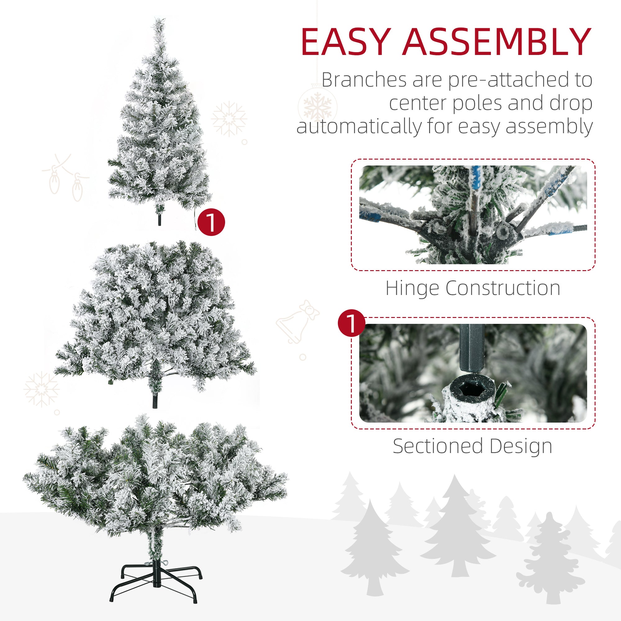 HOMCOM 6ft Prelit Snow Flocked Artificial Christmas Tree, Realistic Xmas Tree with 220 Warm White LED Light and 638 Tips, Metal Base, Auto Open, Green