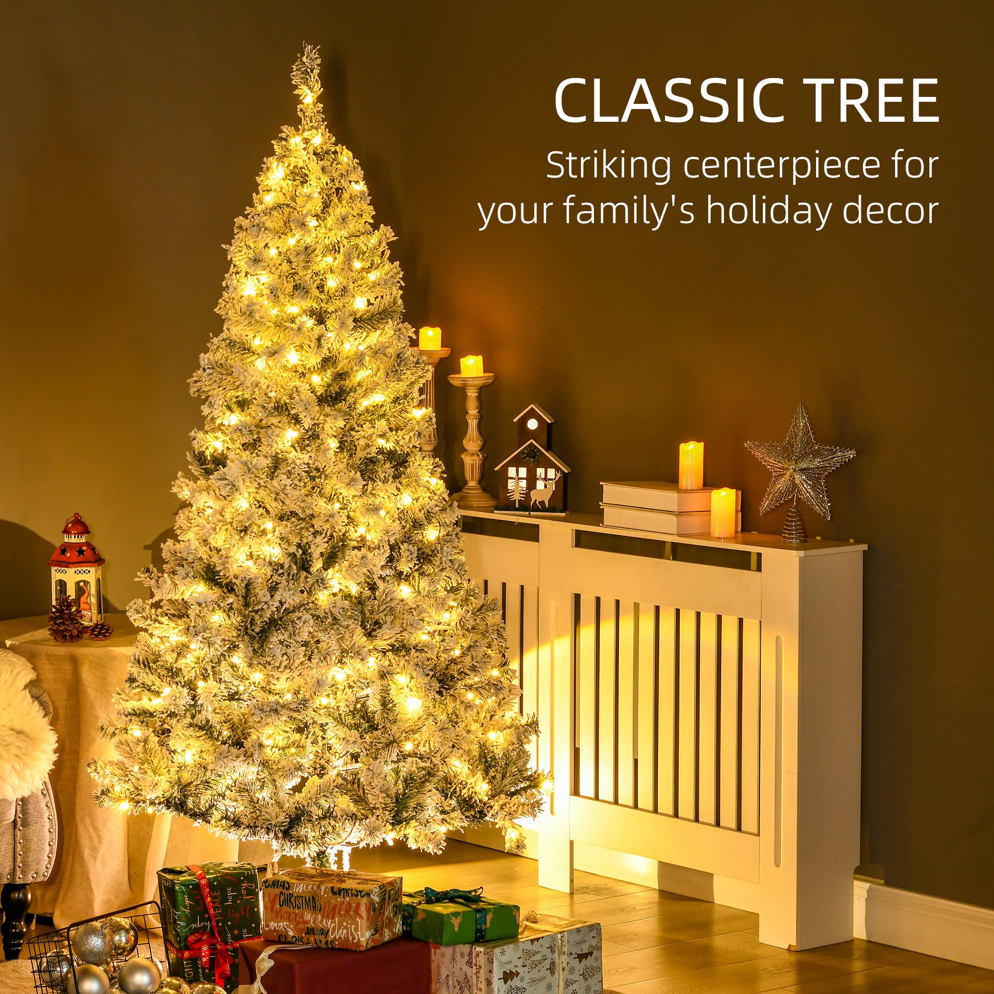HOMCOM 6ft Prelit Snow Flocked Artificial Christmas Tree, Realistic Xmas Tree with 220 Warm White LED Light and 638 Tips, Metal Base, Auto Open, Green