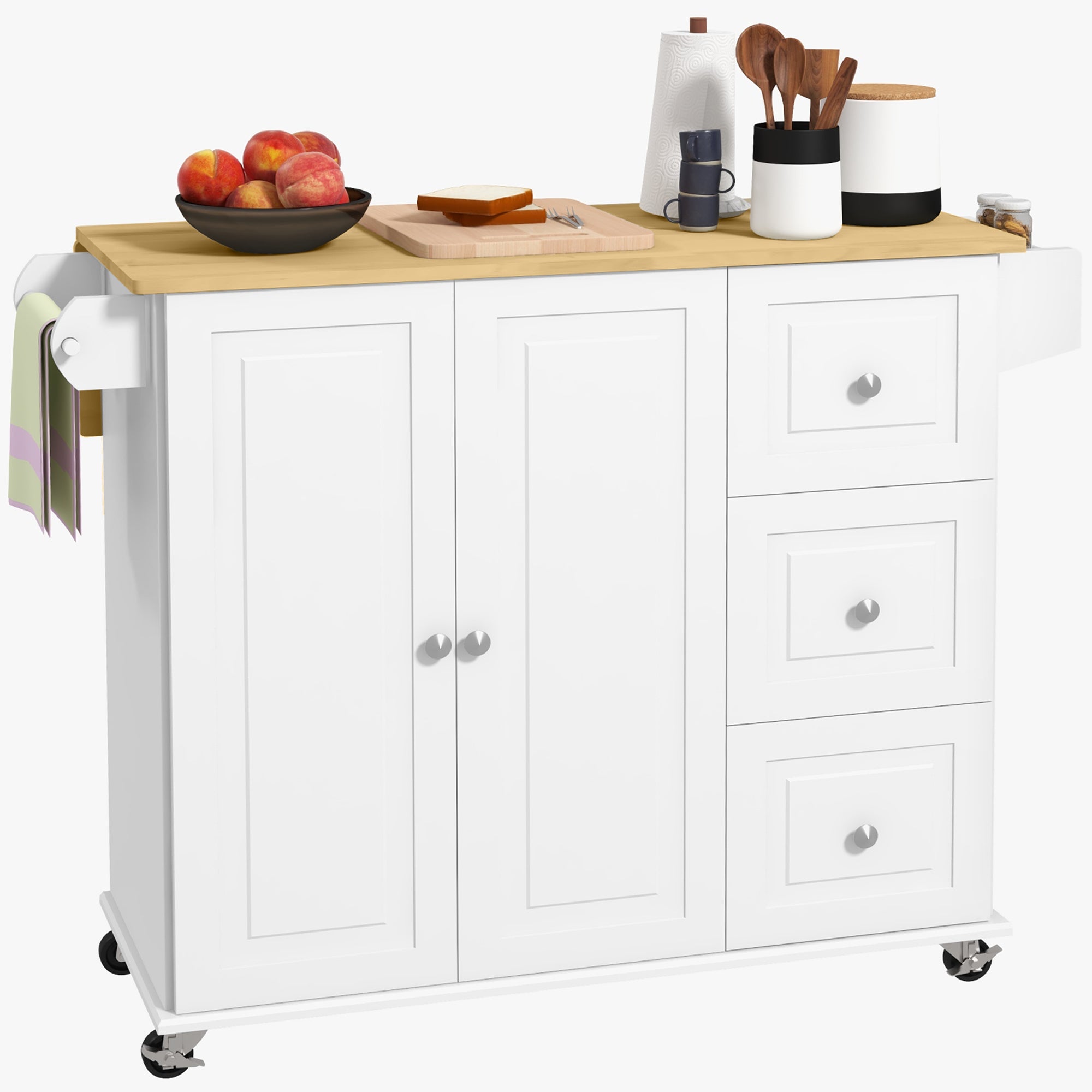 Rolling Kitchen Island with Drop Leaf, 3 Drawers, Cabinet & Natural Wood Top, White