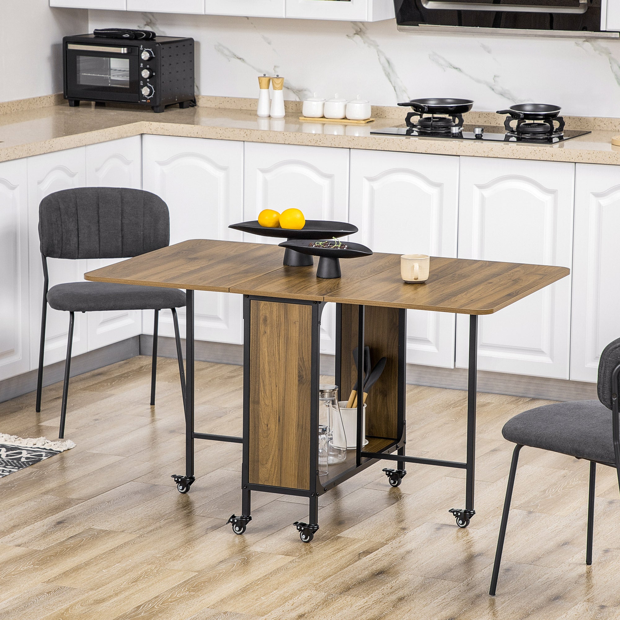 Mobile Drop Leaf Table, Folding Dining Table with 6 Wheels & Storage Shelf for Small Spaces, Kitchen, Dining Room, Light Brown