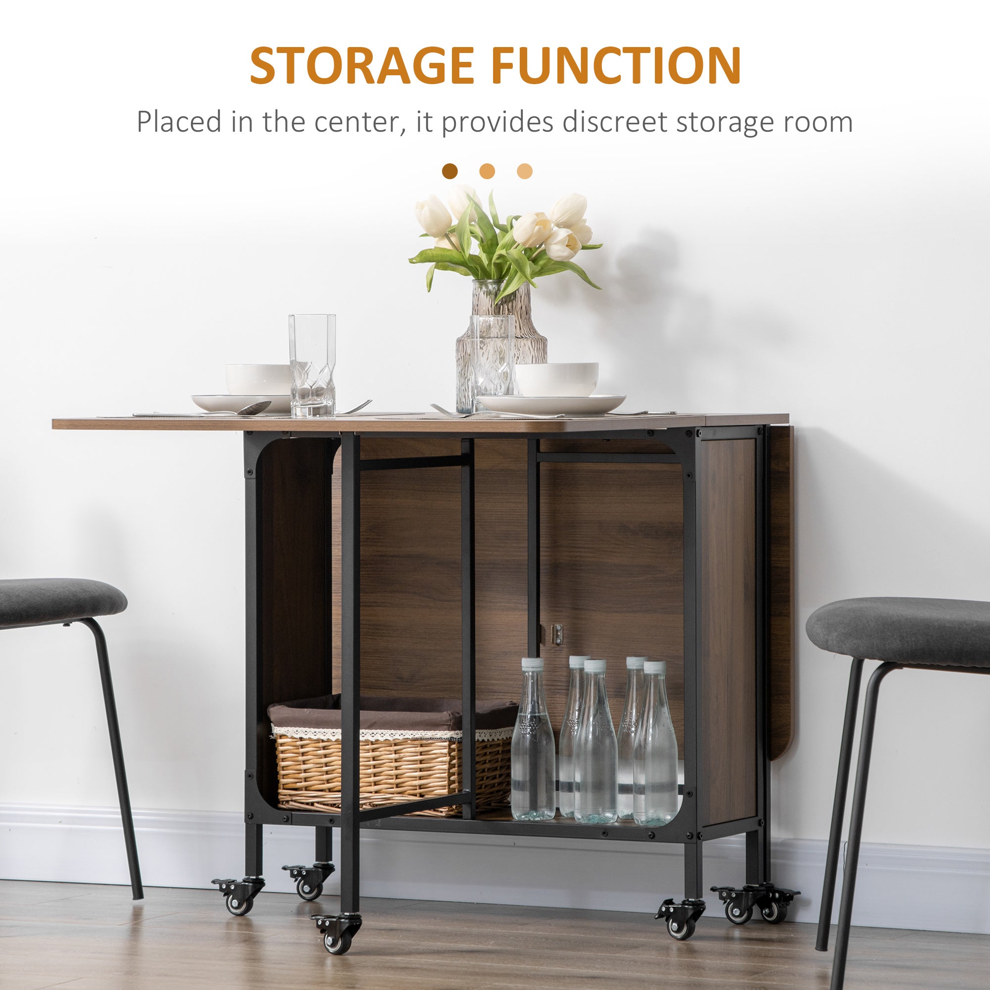 Mobile Drop Leaf Table, Folding Dining Table with 6 Wheels & Storage Shelf for Small Spaces, Kitchen, Dining Room, Light Brown