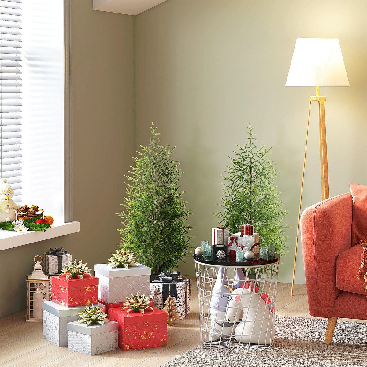 Norfolk Pine Christmas Tree Real Touch 4FT Artificial Xmas Tree, Indoor Outdoor Decoration for Front Porch, Entryway, Living Room, Set of 2