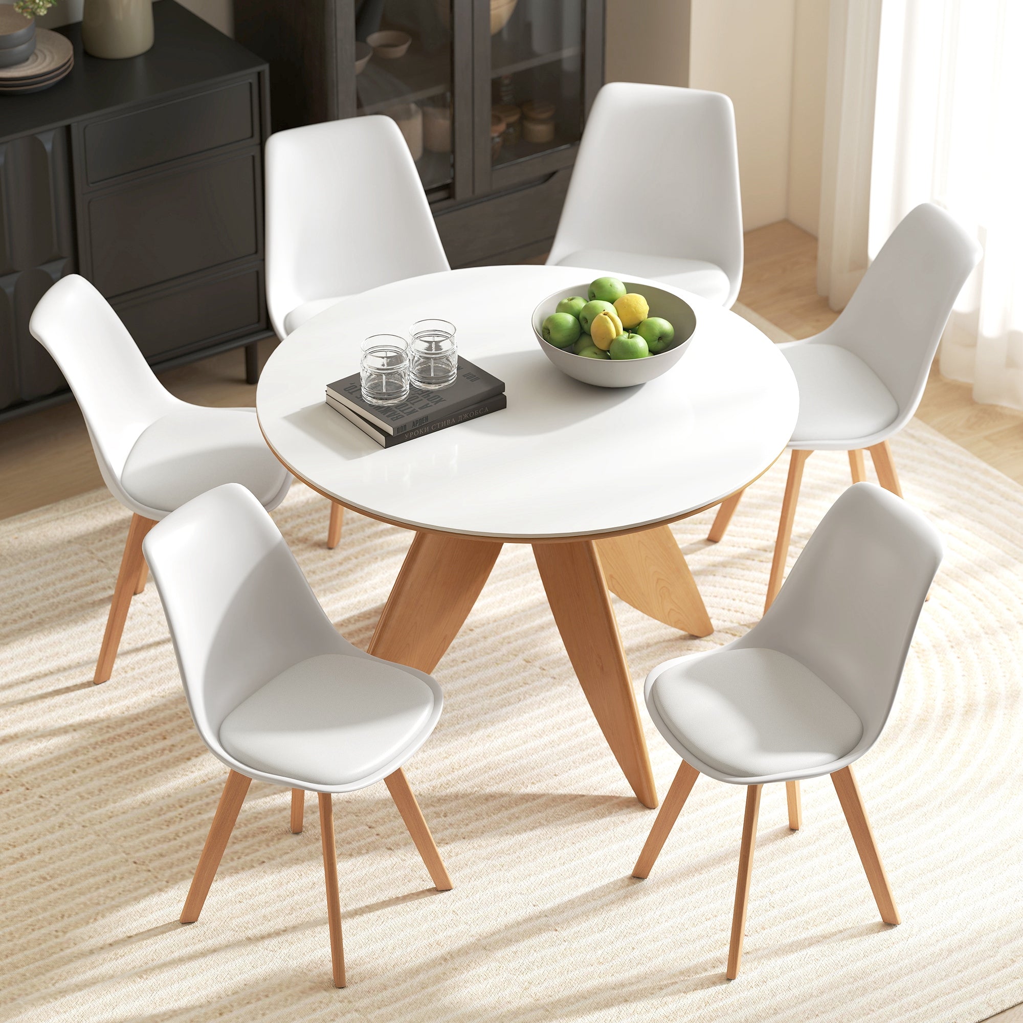 Dining Chairs Set of 6, Modern Kitchen Chairs with PU Leather Cushion and Wood Base, Upholstered Accent Chairs for Living Room and Dining Room, White