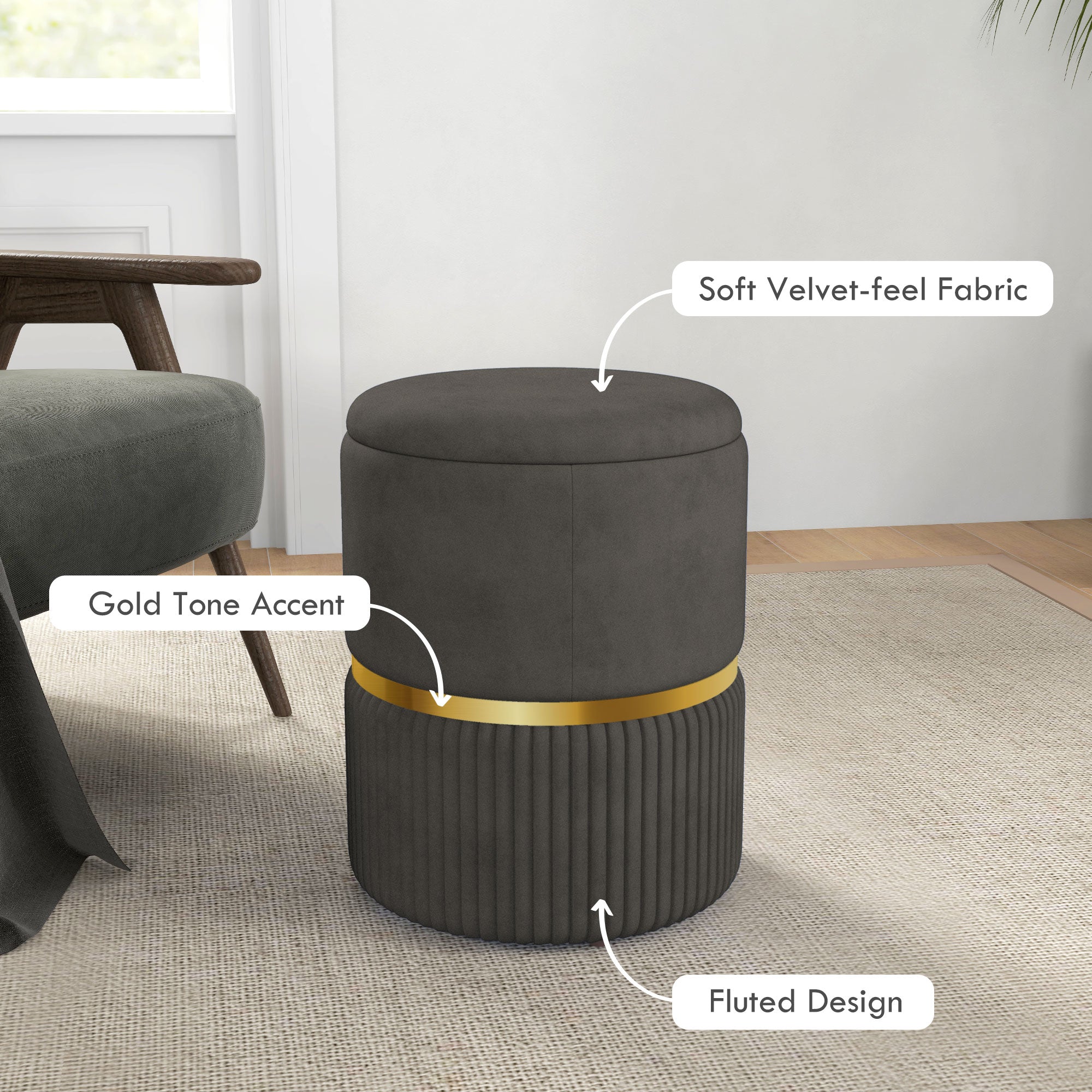HOMCOM Round Pouffe, Velvet-feel Fabric Upholstered Storage Foot Stool with Removable Top, Padded Seat and Hidden Space for Living Room, Grey