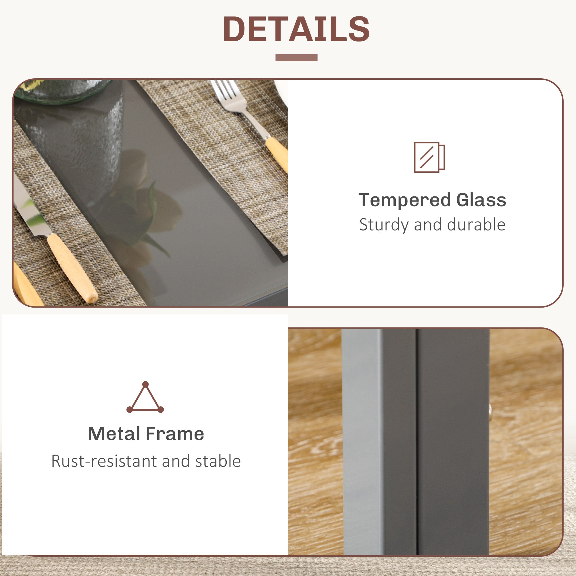 HOMCOM Dining Table Set for 2, 3-Piece Rectangular Glass Kitchen Table and Chairs with Metal Frame and Faux Leather Upholstery for Dining Room, Living Room, Grey