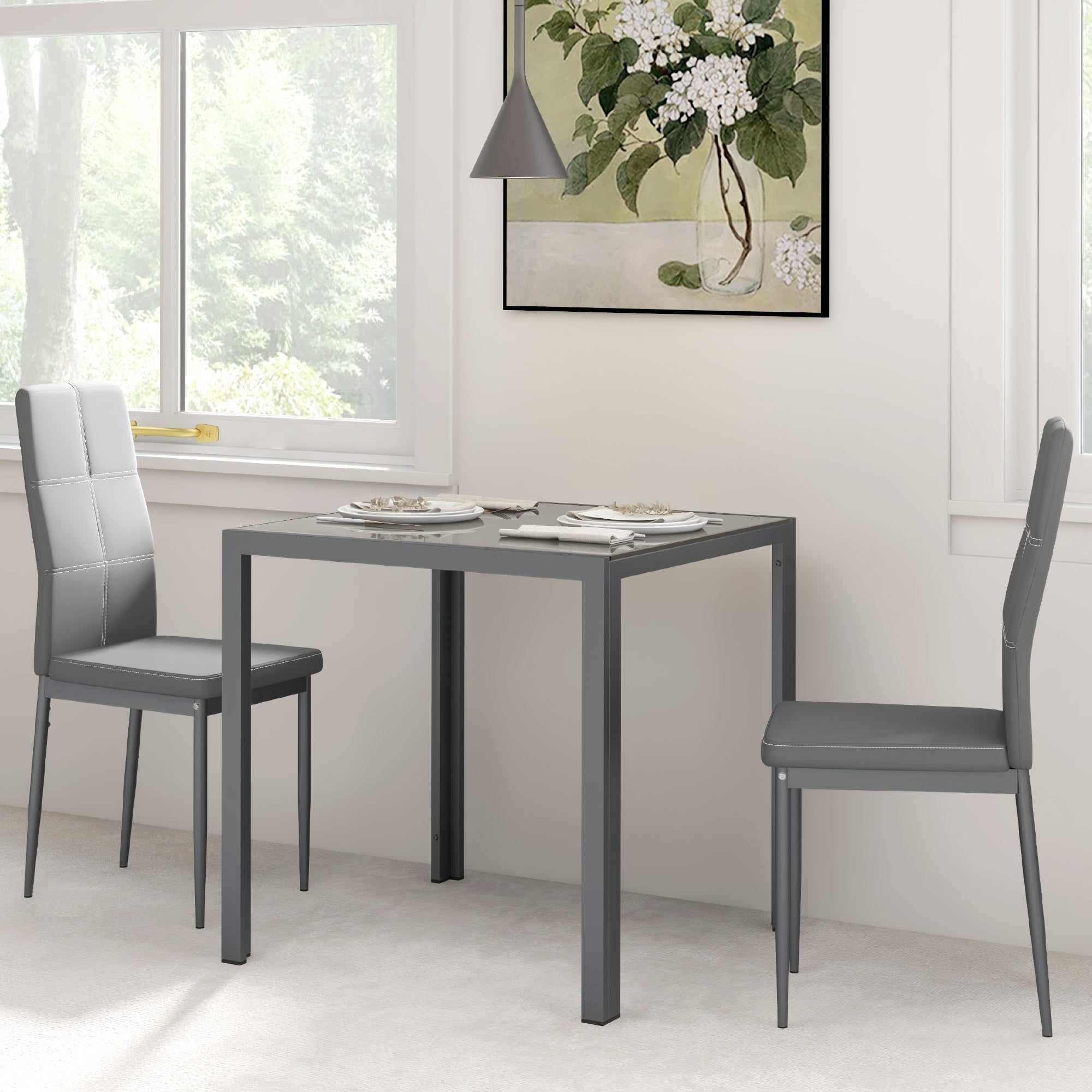 HOMCOM Dining Table Set for 2, 3-Piece Rectangular Glass Kitchen Table and Chairs with Metal Frame and Faux Leather Upholstery for Dining Room, Living Room, Grey