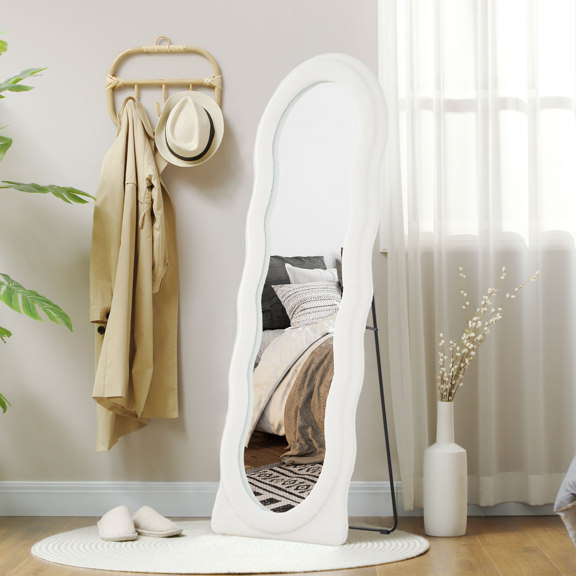 HOMCOM Full Length Mirror, 63" x 24" Irregular Wavy Mirror, Free Standing, Leaning or Wall Mirror Full Length with Frame and Arched Top for Living Room, Bedroom, White