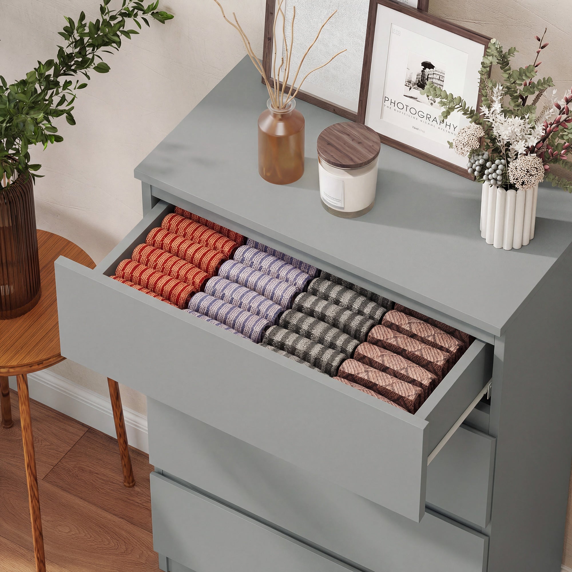 Chest of Drawers, 5 Drawers Storage Cabinet Floor Tower Cupboard for Bedroom Living Room, Grey