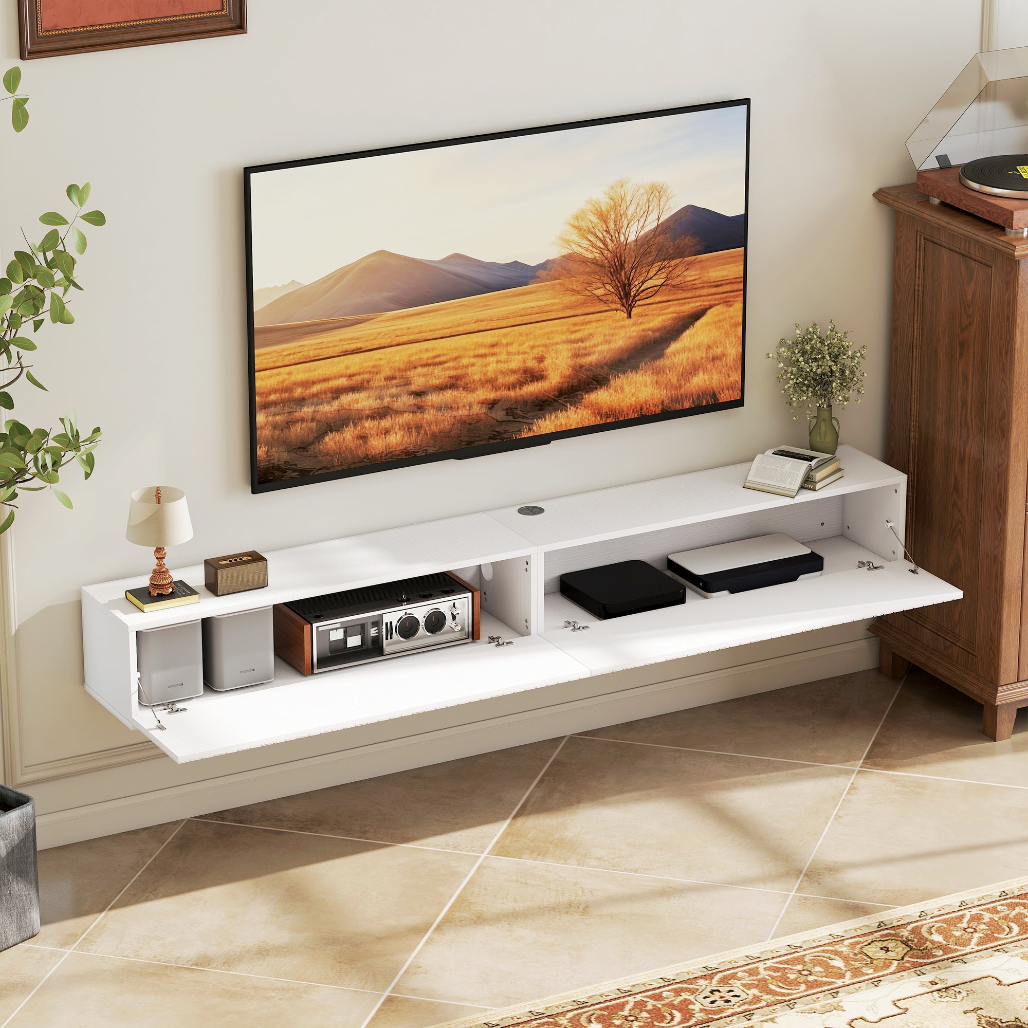 Floating TV Unit for Television up to 72 Inch, 180cm Wall Mount TV Stand Cabinet with Fluted Flip-Down Doors, Cable Management Hole, Entertainment Media Console for Living Room, Bedroom, White