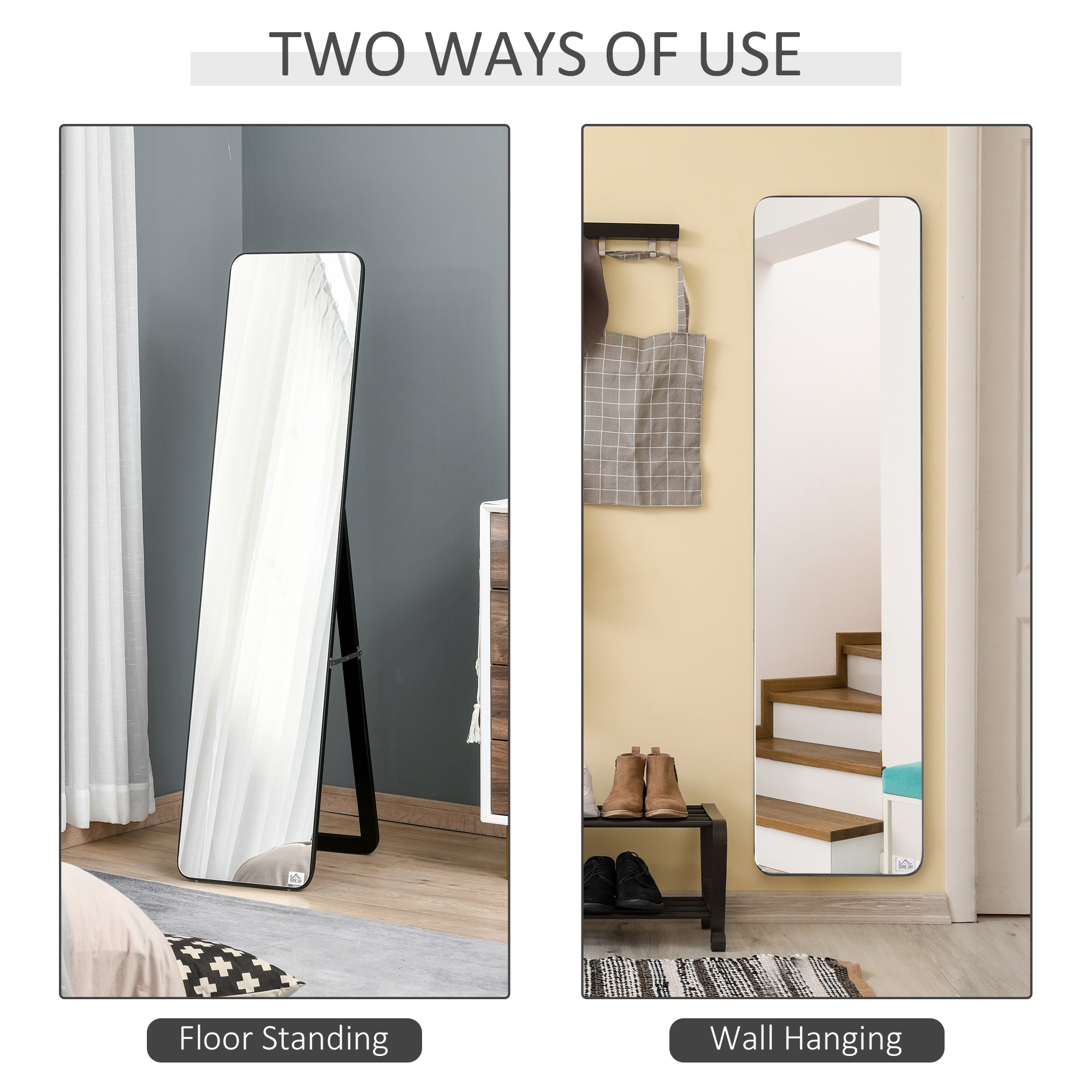 HOMCOM 62"x15" Full Length Mirror, Floor Standing, Wall-Mounted or Leaning Against Wall Tall Mirror with Support Frame, Rectangular Full Body Mirror for Bedroom, Living Room, Black