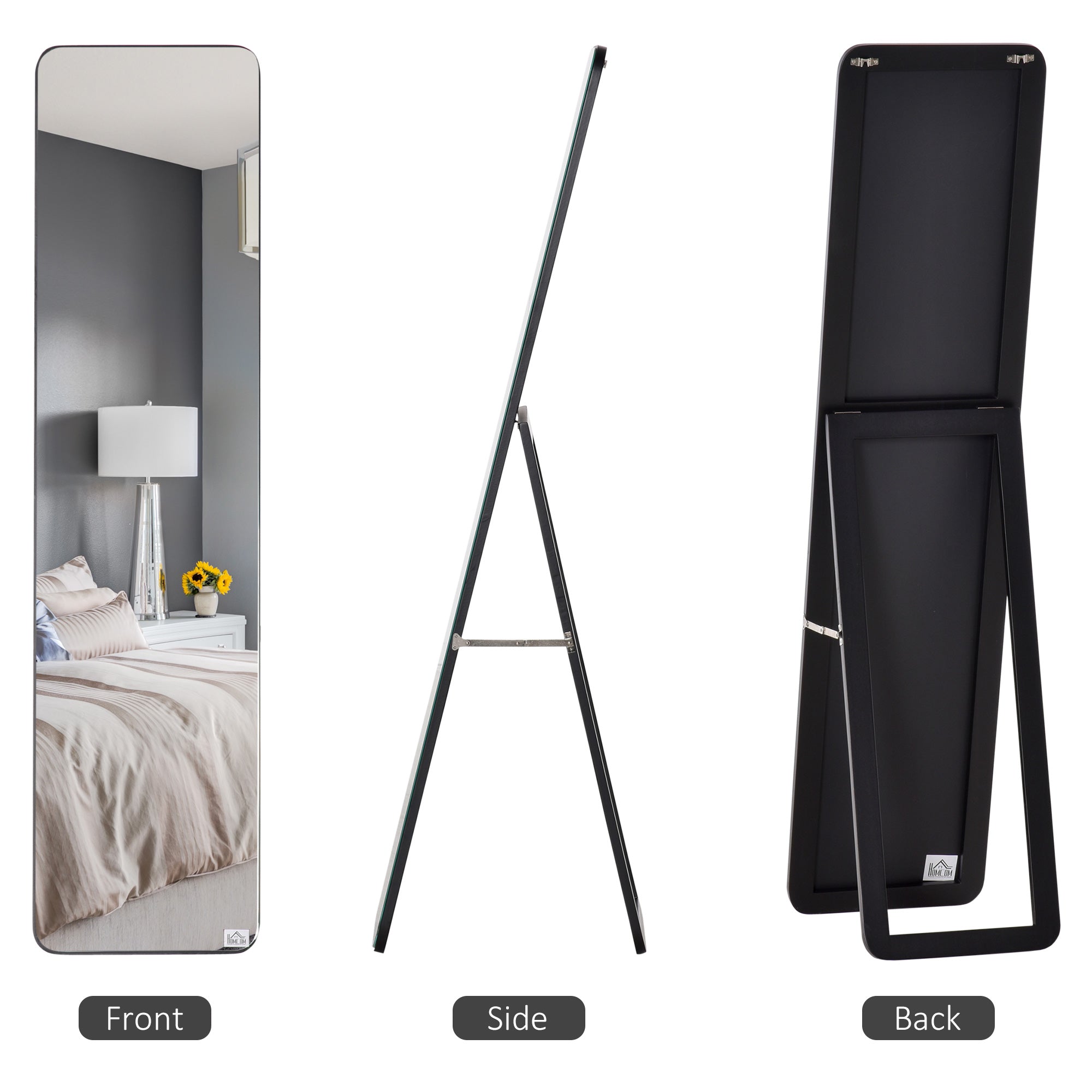 HOMCOM 62"x15" Full Length Mirror, Floor Standing, Wall-Mounted or Leaning Against Wall Tall Mirror with Support Frame, Rectangular Full Body Mirror for Bedroom, Living Room, Black