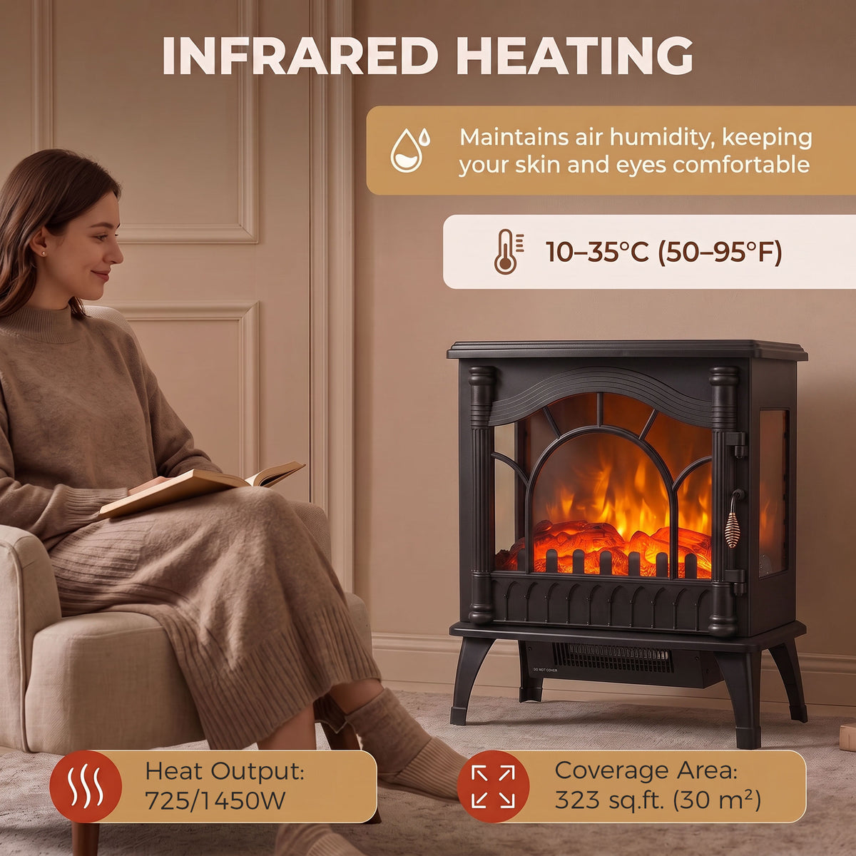 Electric Fireplace 1000W/2000W, Freestanding Decorative Heater with Adjustable Temperature, Low Energy Consumption, Overheat Protection, 3D Flame Effect for Living Room, 161-323 sq ft, Black