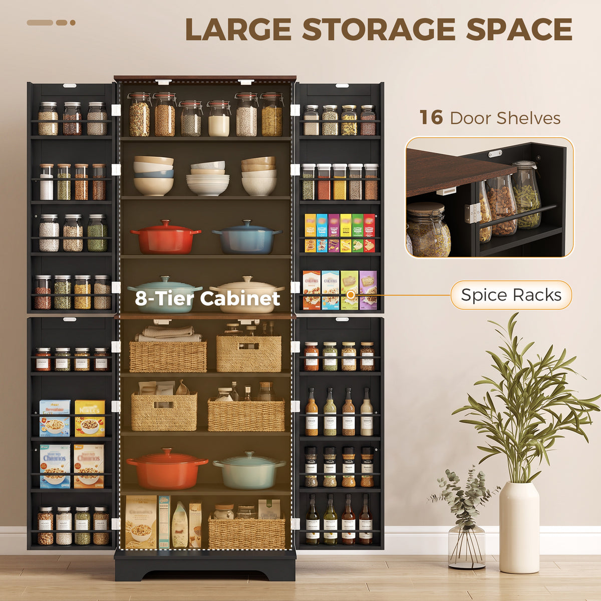 65" Tall Kitchen Pantry Cabinet, Adjustable Shelves, Farmhouse Storage Cabinet with 8 Shelves and 16 Door Racks, Freestanding Food Pantry, Barn Doors, Brown Black